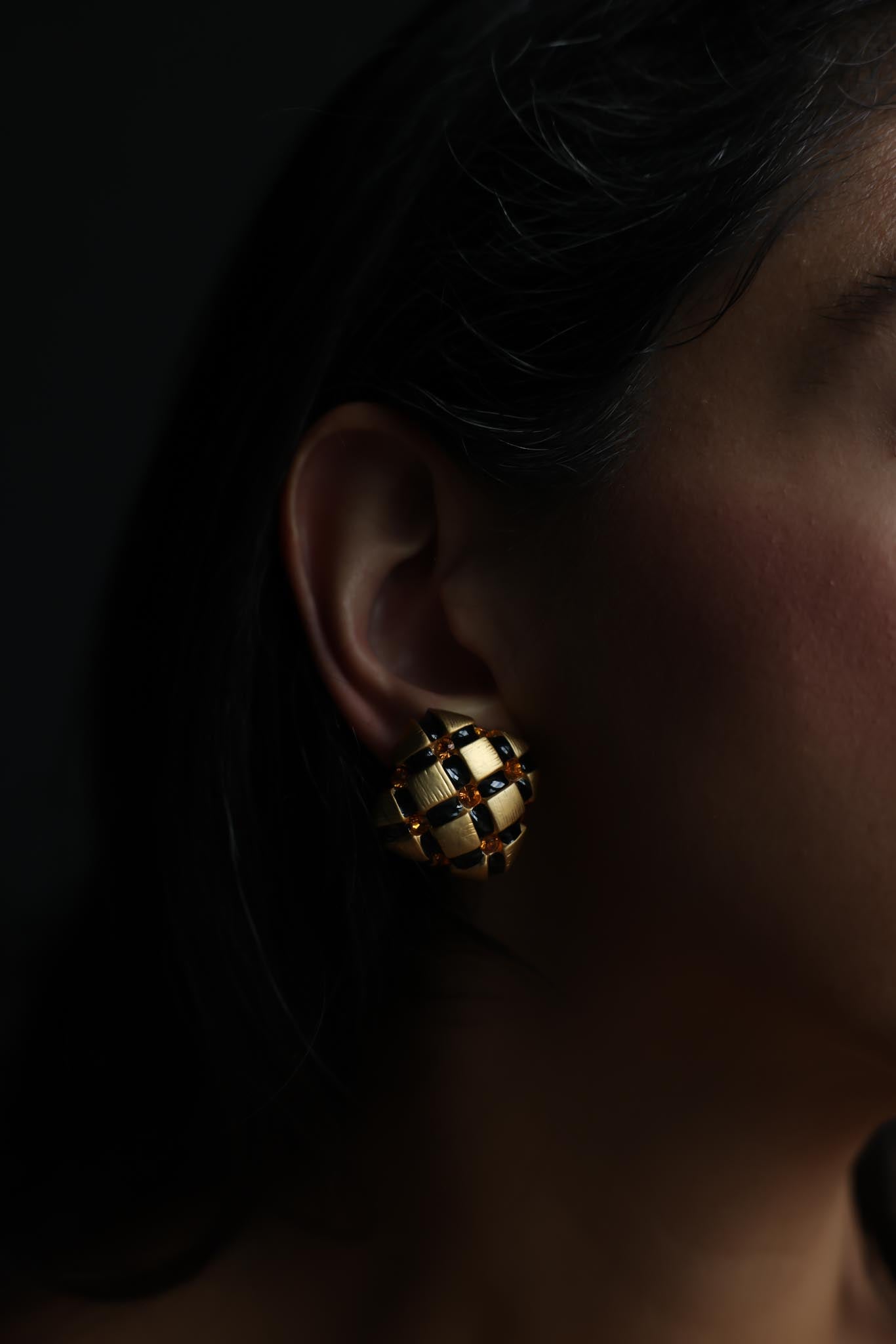 Matte Gold Black Enamel Checkerboard Clip-On Earrings|Vintage Baazaar 