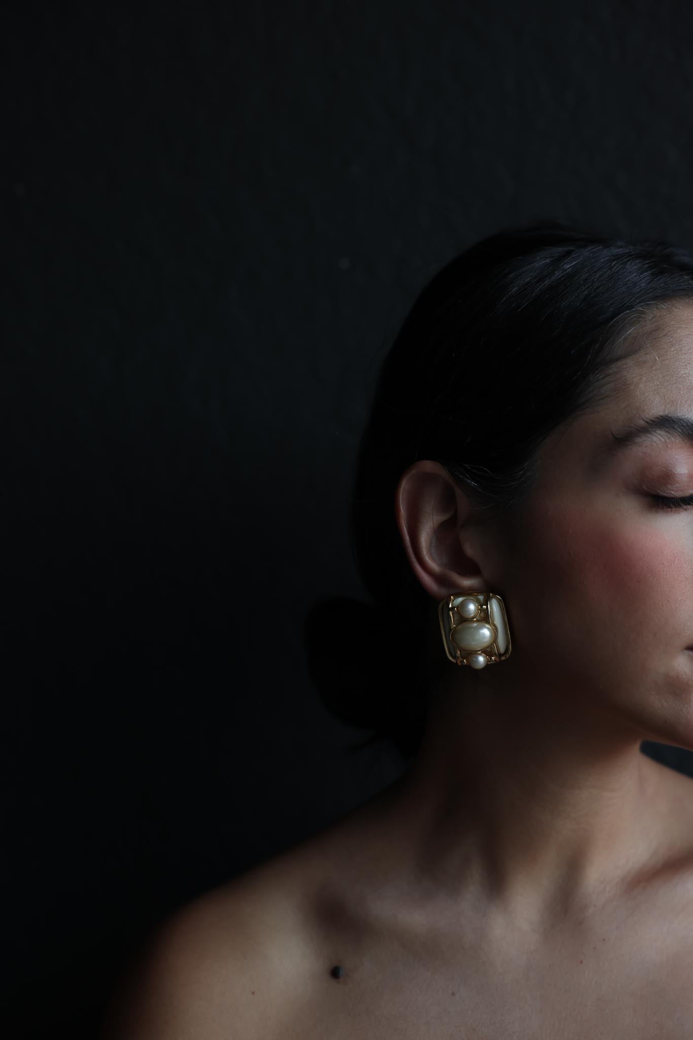 Gold-Tone Clip-On Earrings with white Enamel and Faux Pearls, 1980s