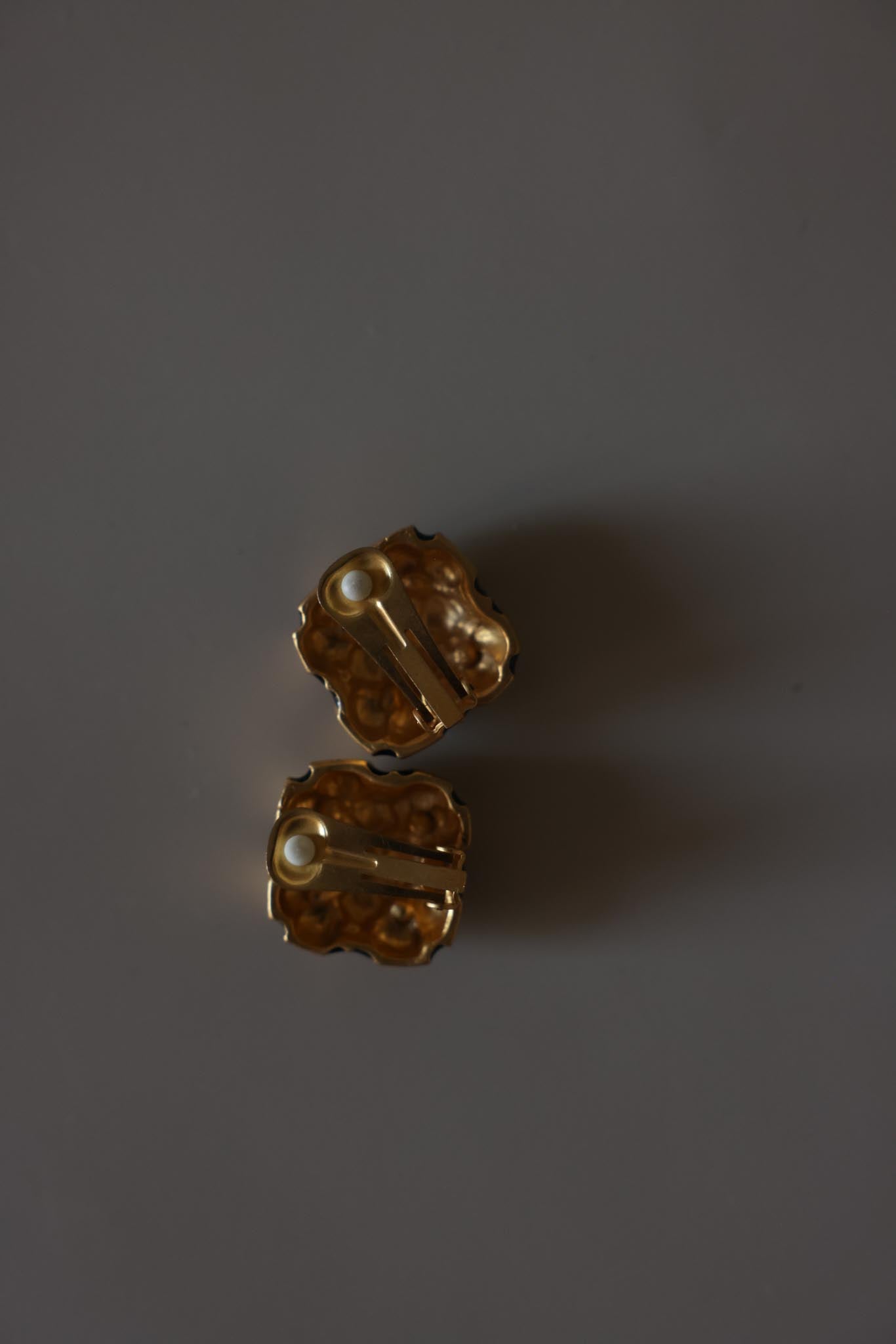 Matte Gold Black Enamel Checkerboard Clip-On Earrings|Vintage Baazaar 