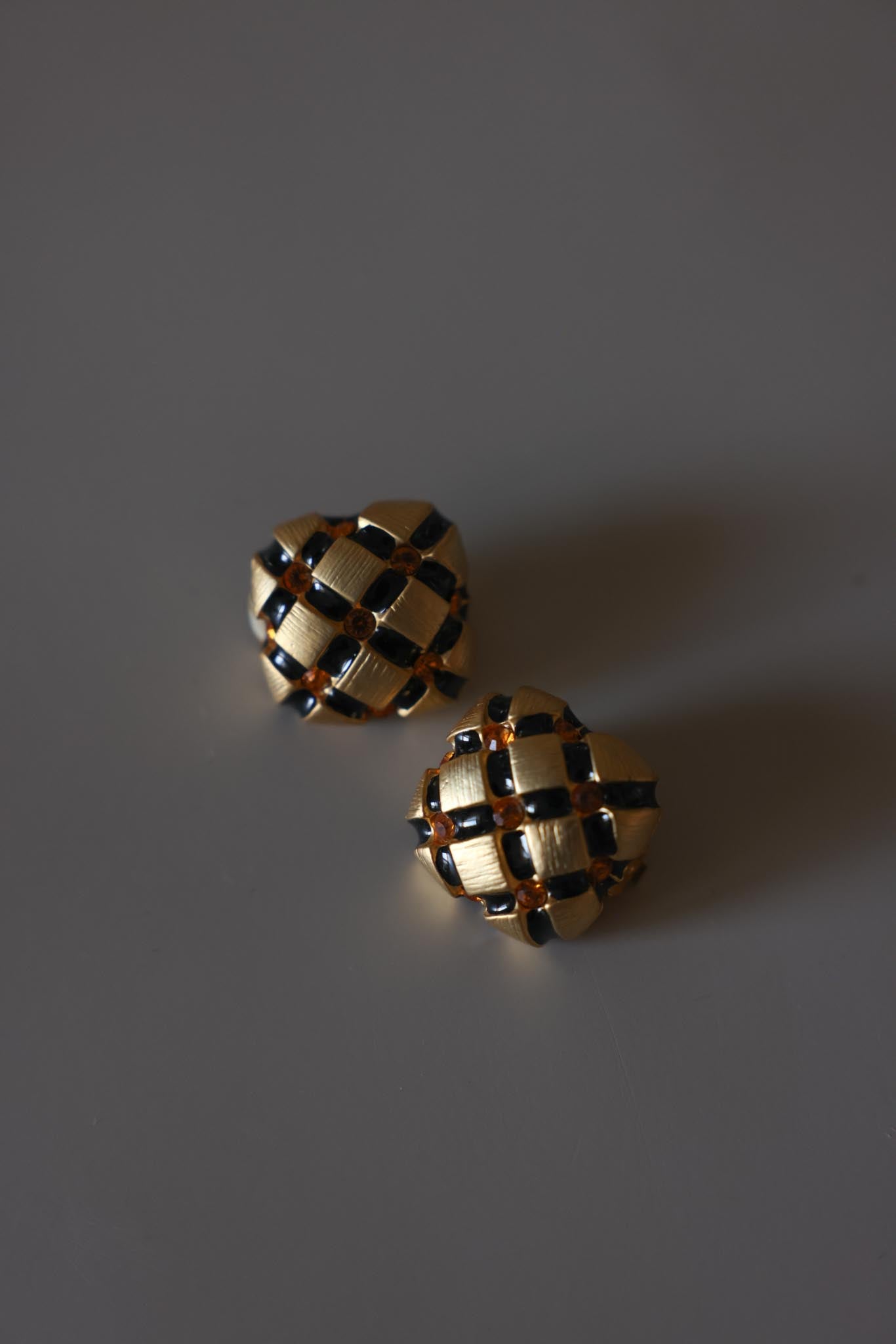 Matte Gold Black Enamel Checkerboard Clip-On Earrings|Vintage Baazaar 