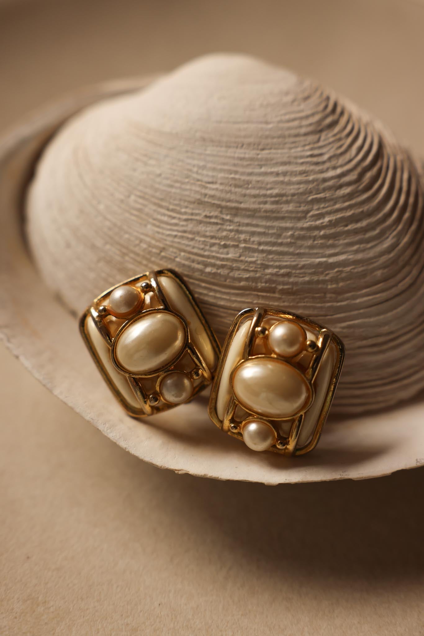 Gold-Tone Clip-On Earrings with white Enamel and Faux Pearls, 1980s