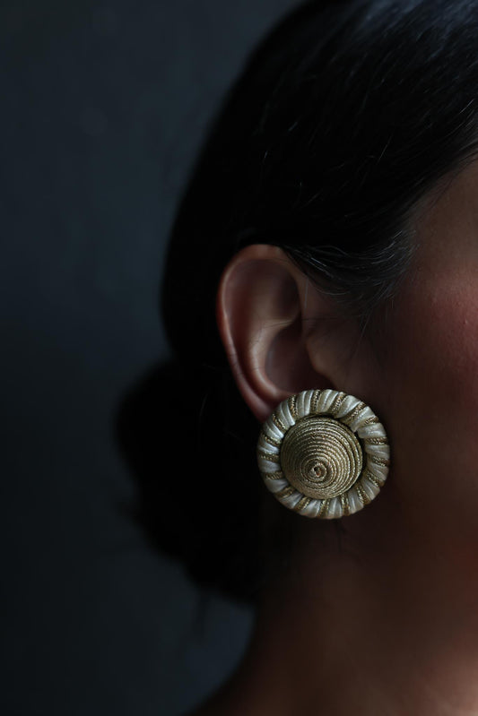 White and Gold Woven Clip-On Earrings
