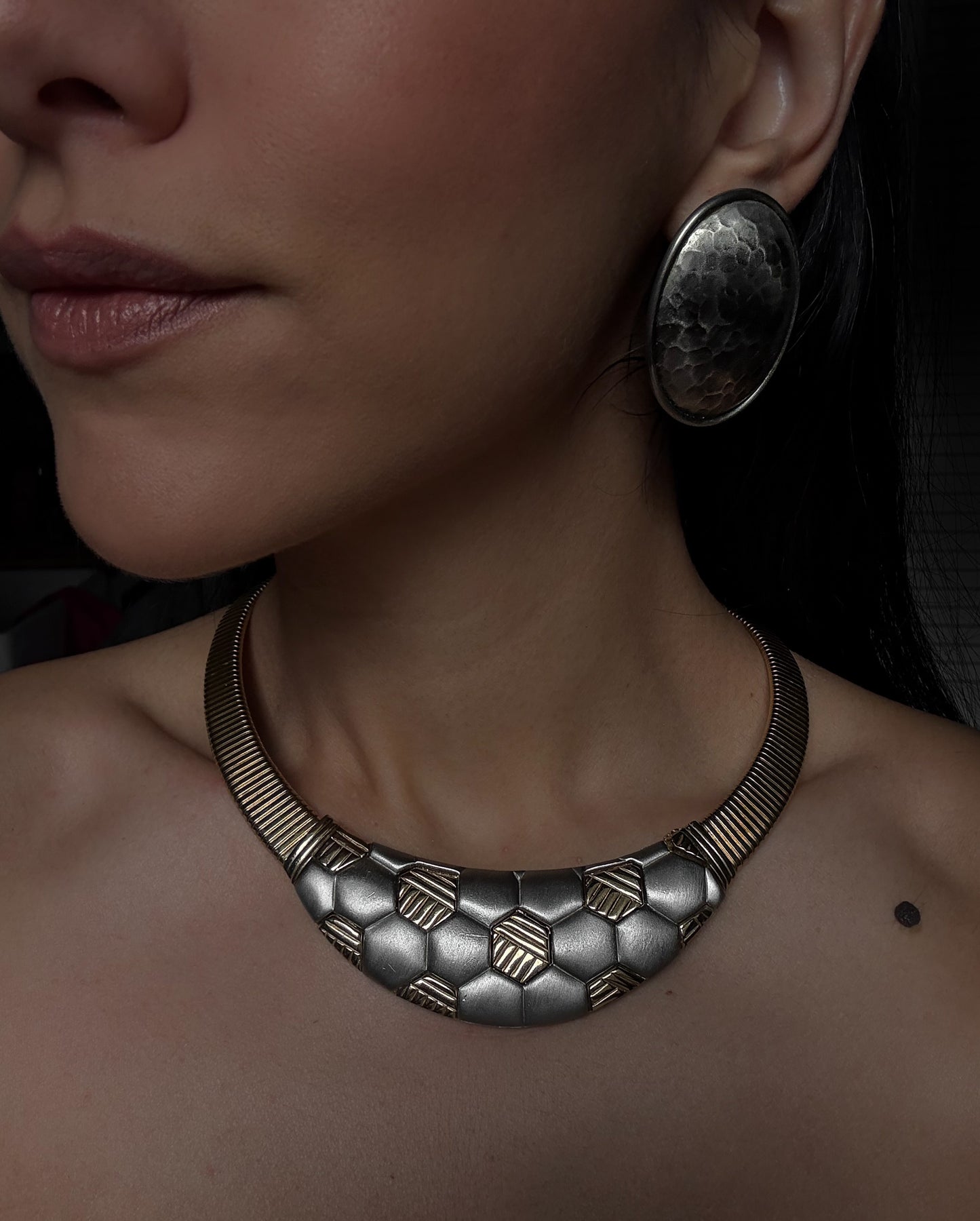 Mixed Metal Honeycomb Collar Necklace and Hammered Silver Earrings Set|Vintage Baazaar 