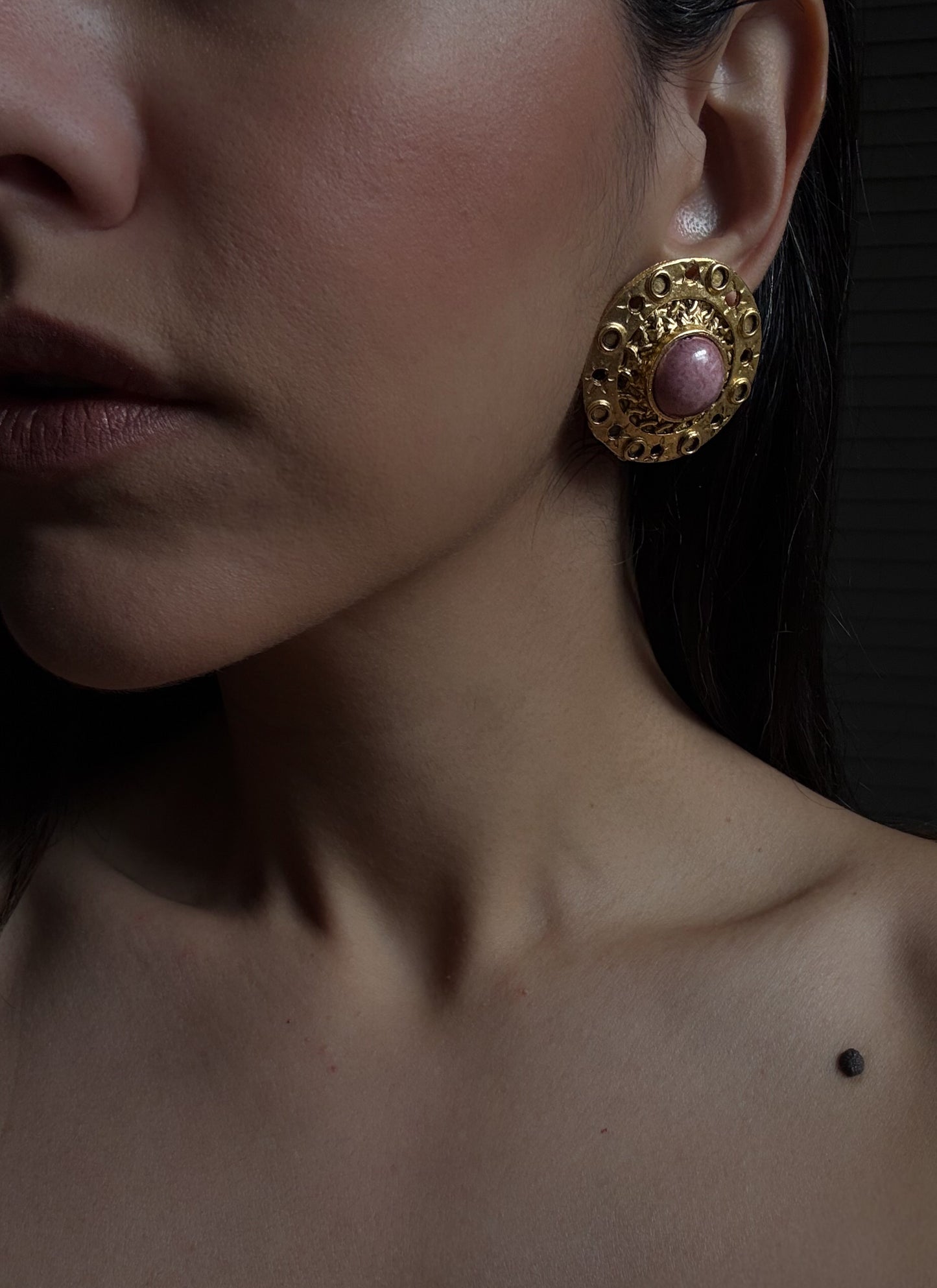 Ornate Pink Cabochon Clip-On Earrings|Vintage Baazaar 