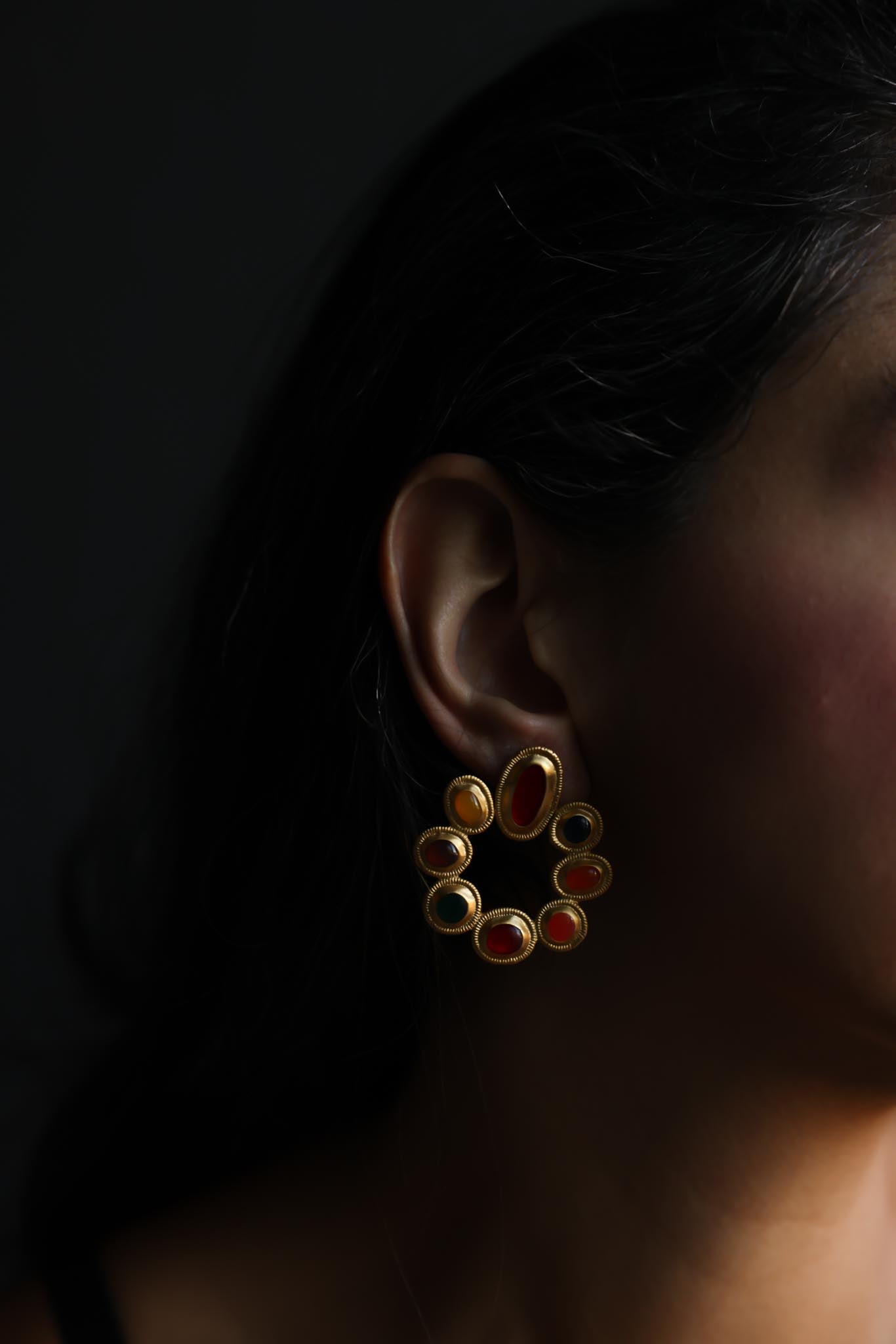 Matte Gold Multicolor Enamel Hoop Clip-On Earrings|Vintage Baazaar 