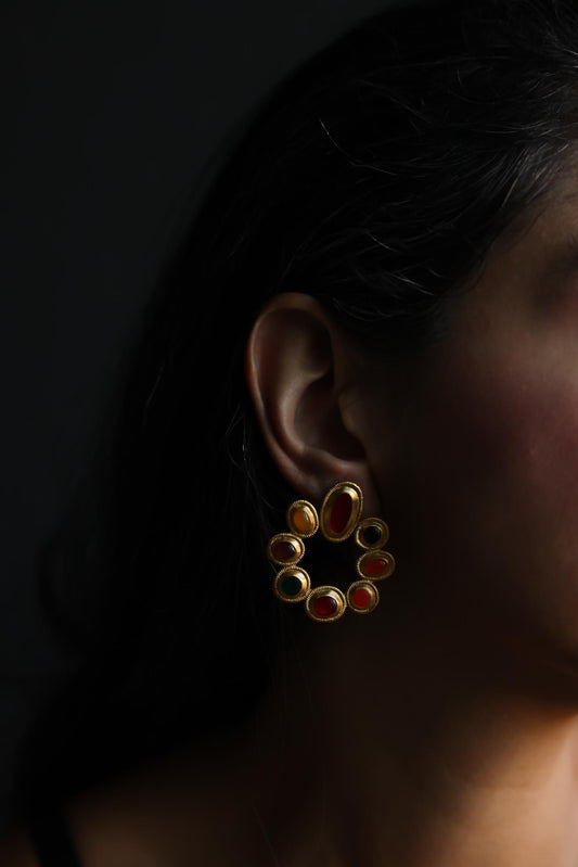 Matte Gold Multicolor Enamel Hoop Clip-On Earrings|Vintage Baazaar 
