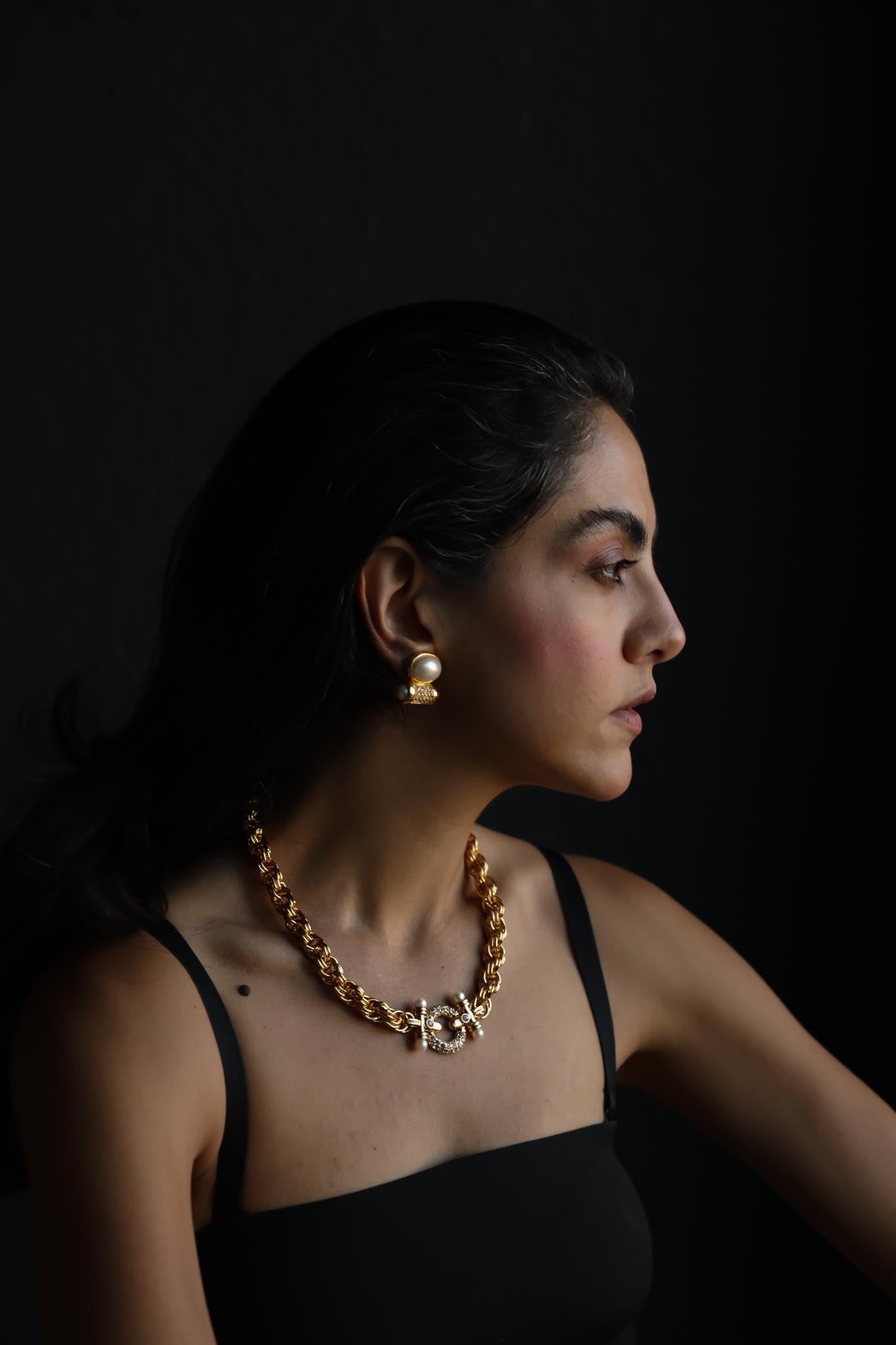 Gold Tone Rope Chain Necklace & Faux Pearl Rhinestone Clip-On Earrings Set