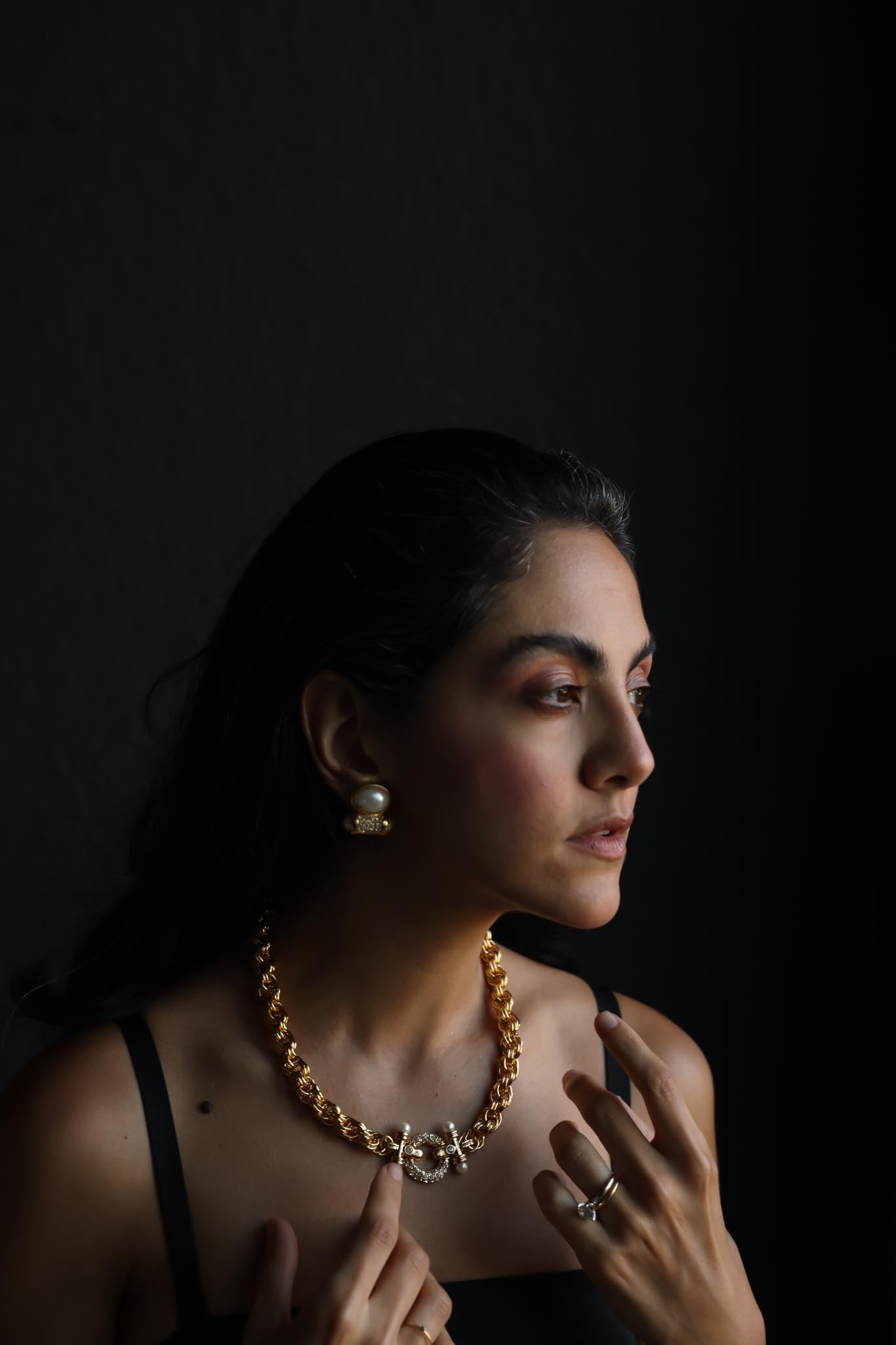 Gold Tone Rope Chain Necklace & Faux Pearl Rhinestone Clip-On Earrings Set