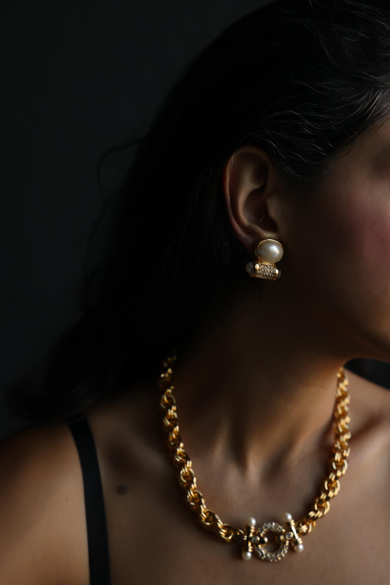 Gold Tone Rope Chain Necklace & Faux Pearl Rhinestone Clip-On Earrings Set