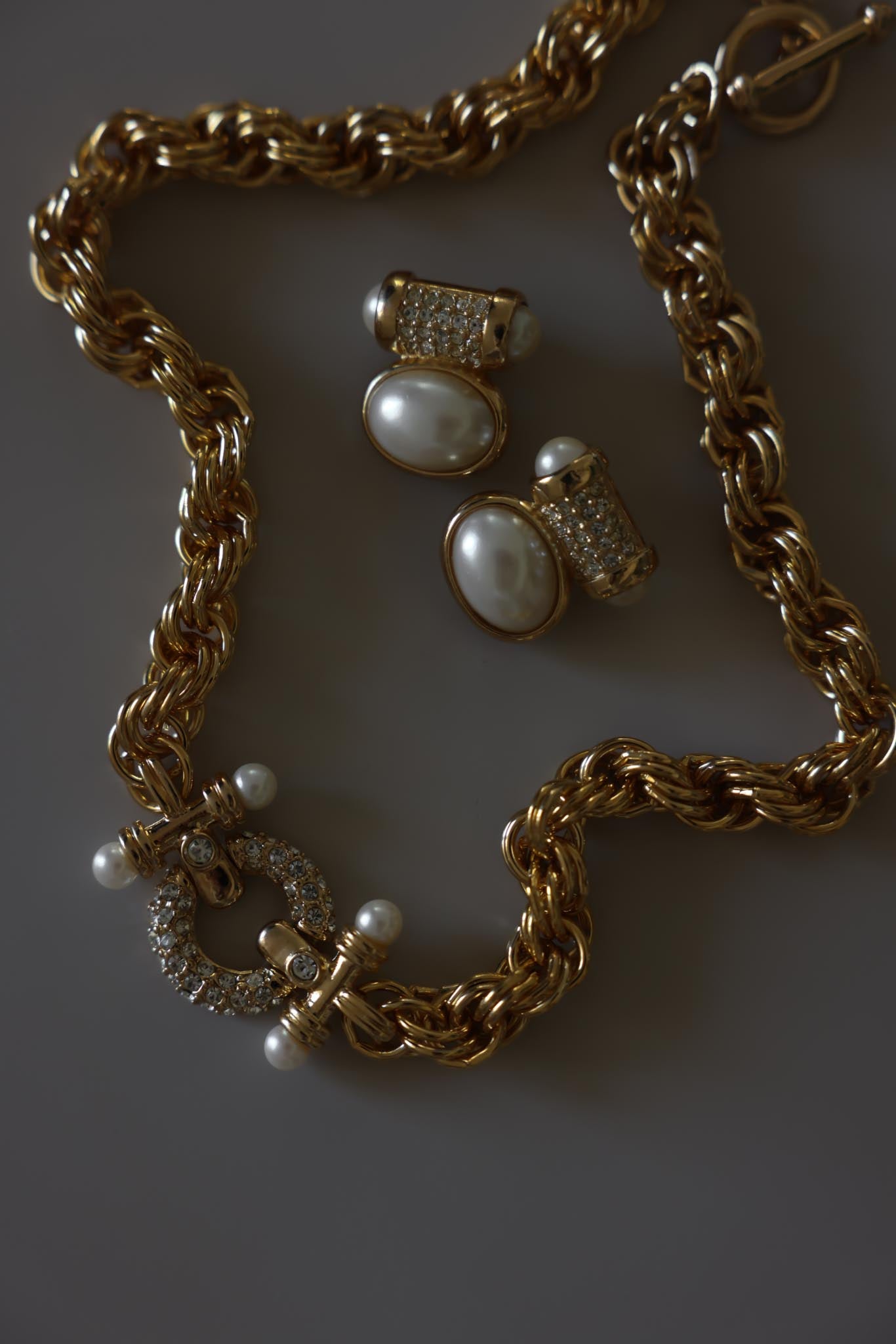 Gold Tone Rope Chain Necklace & Faux Pearl Rhinestone Clip-On Earrings Set