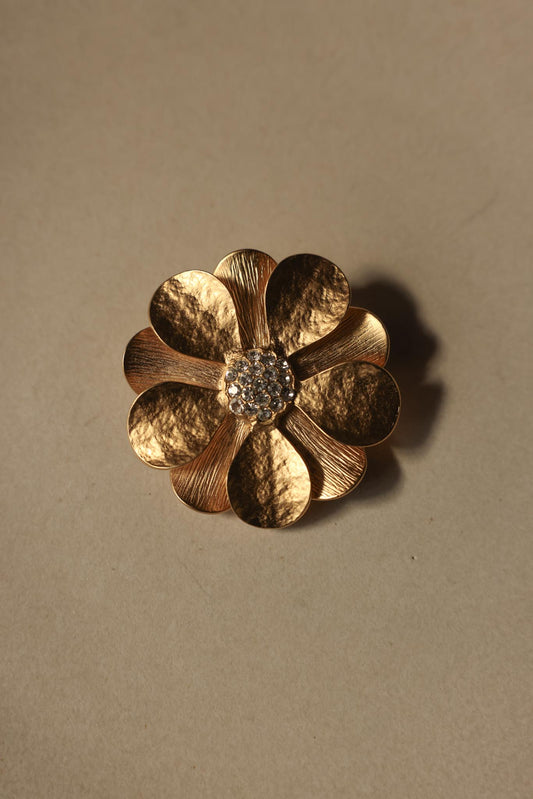 Brushed Gold Floral Brooch with Rhinestone Center