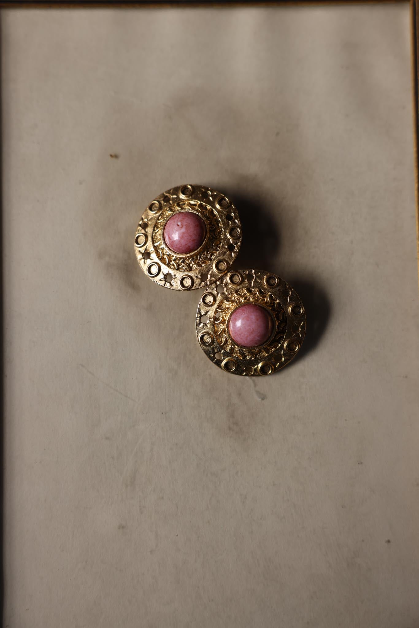 Ornate Pink Cabochon Clip-On Earrings|Vintage Baazaar 