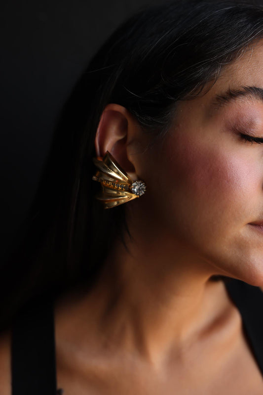 Gold Fan Clip-On Earrings with Rhinestones|Vintage Baazaar 