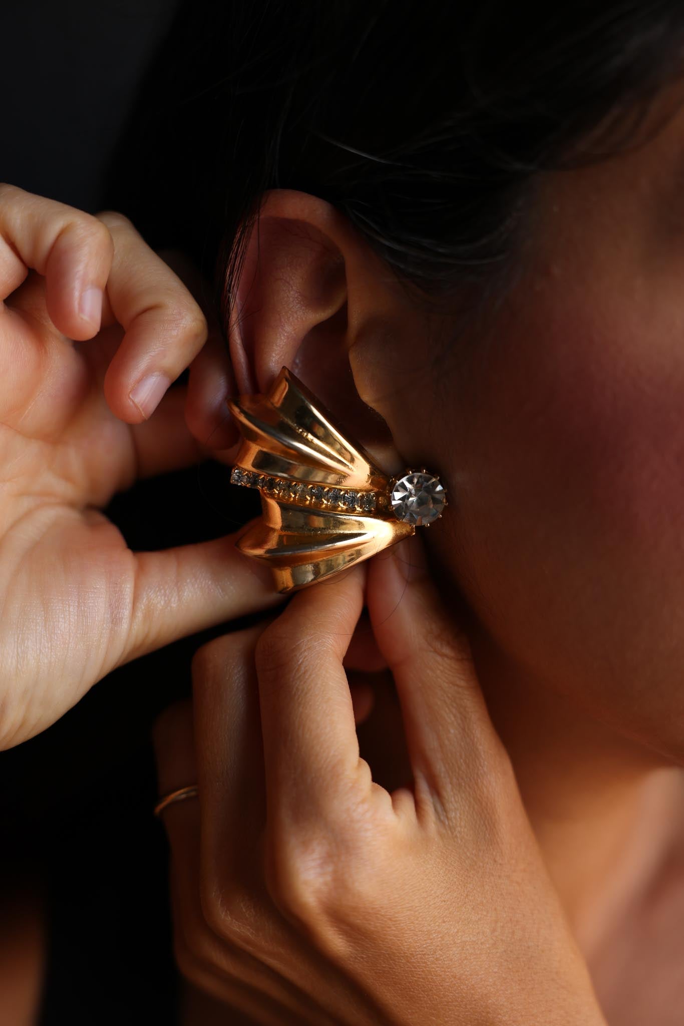 Gold Fan Clip-On Earrings with Rhinestones|Vintage Baazaar 