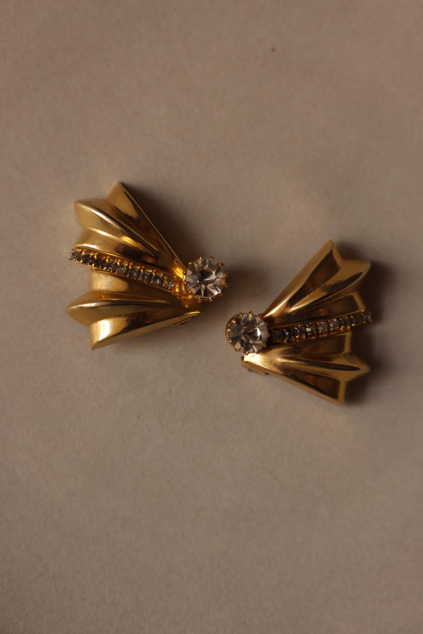 Gold Fan Clip-On Earrings with Rhinestones|Vintage Baazaar 