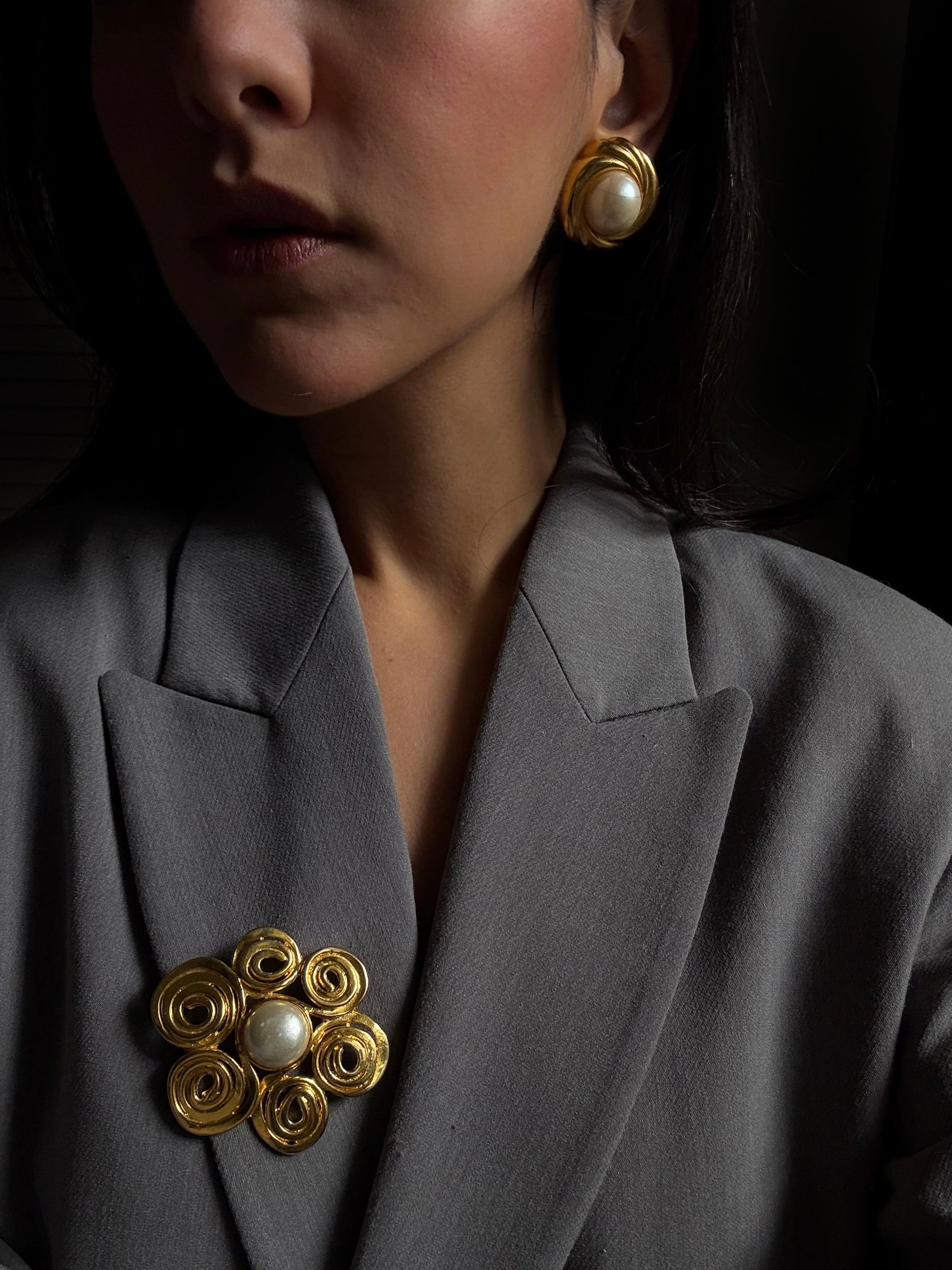 Golden Swirl Set - Faux Pearl Earrings & Brooch|Vintage Baazaar 