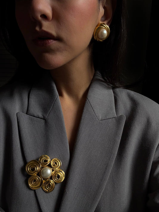 Golden Swirl Set - Faux Pearl Earrings & Brooch|Vintage Baazaar 