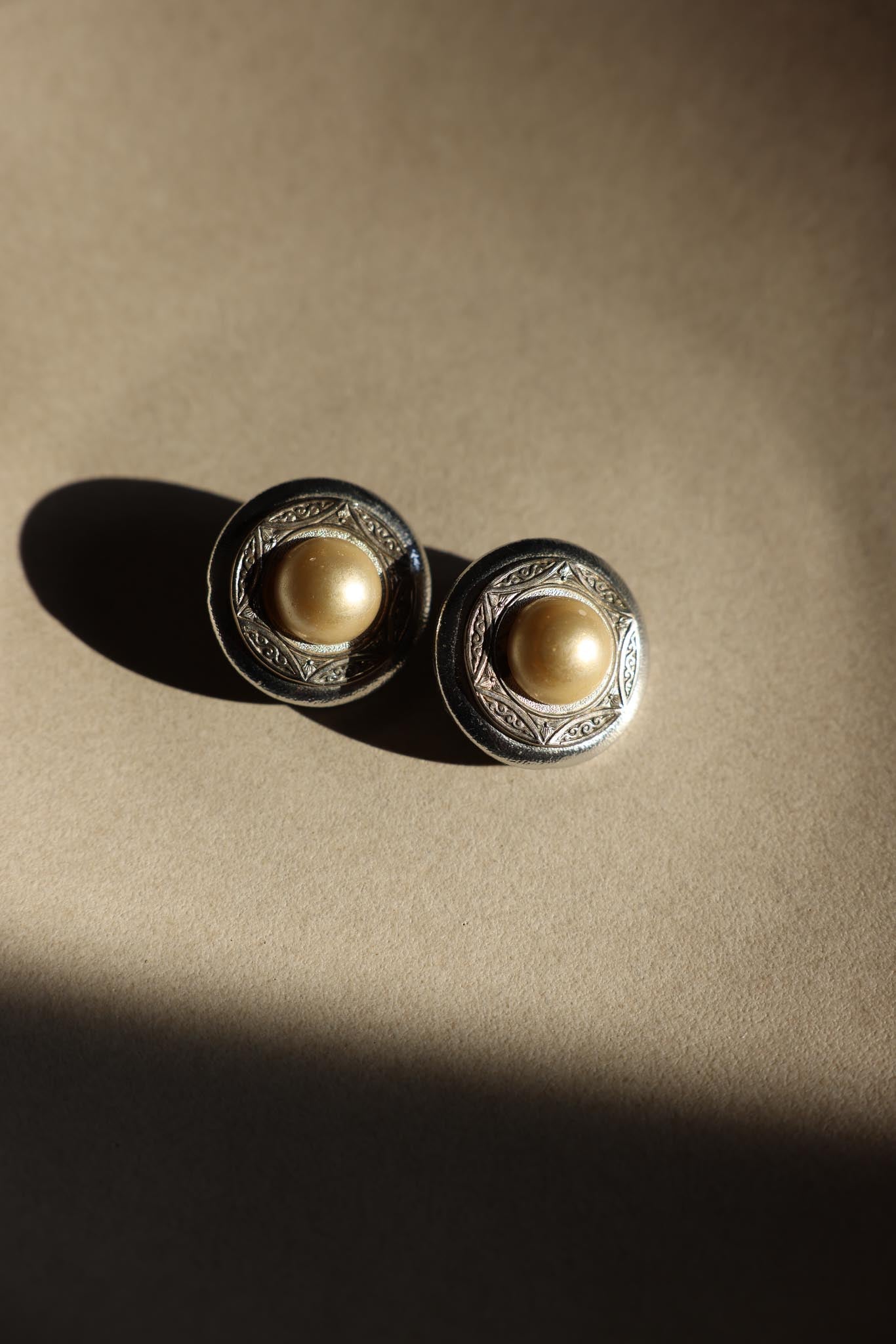 Silver Engraved Faux Pearl Clip-On Earrings