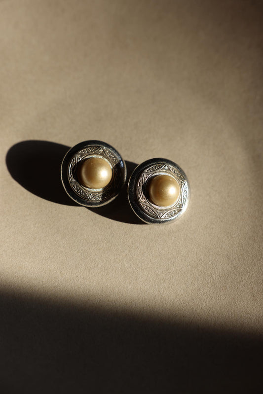Silver Engraved Faux Pearl Clip-On Earrings