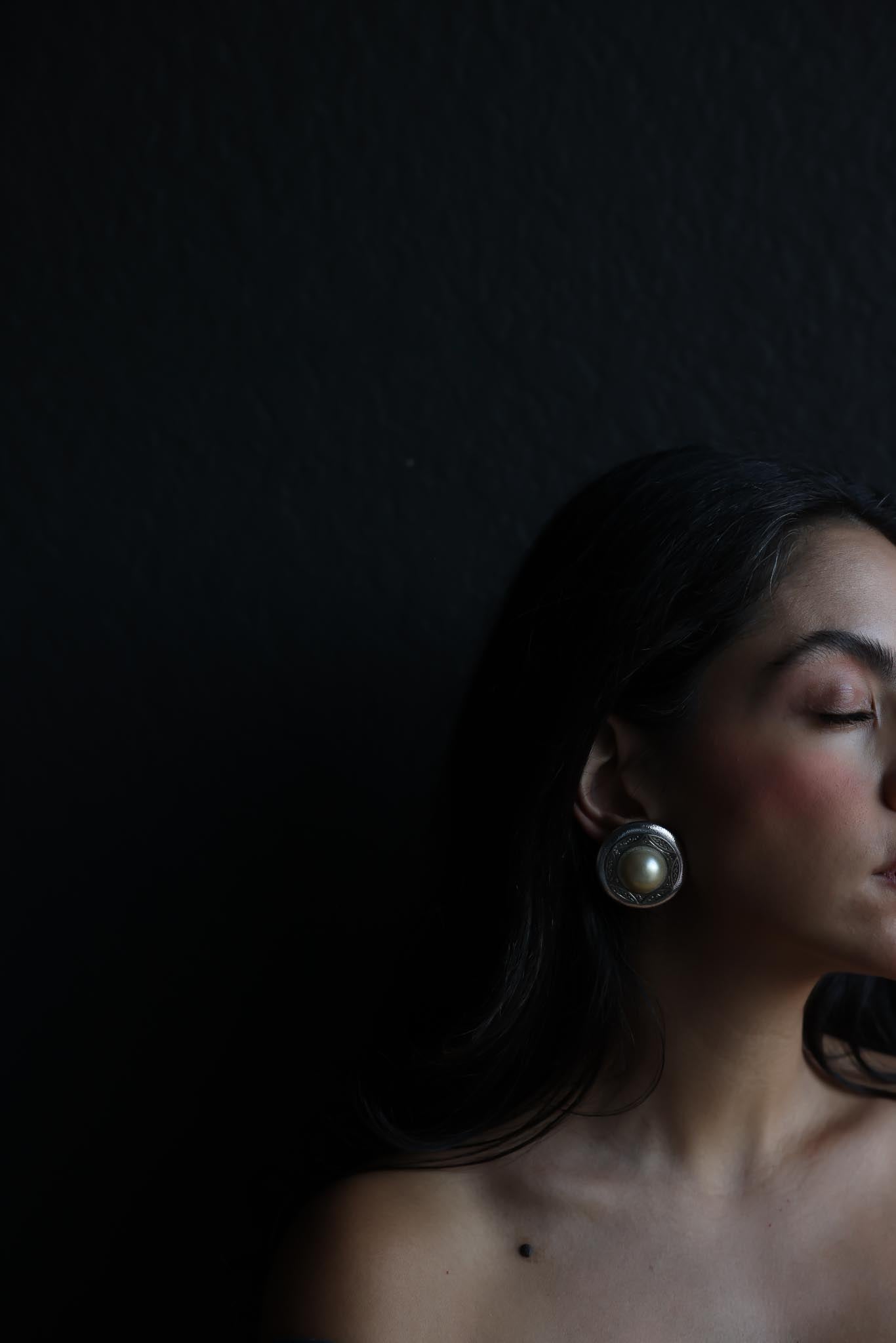 Silver Engraved Faux Pearl Clip-On Earrings
