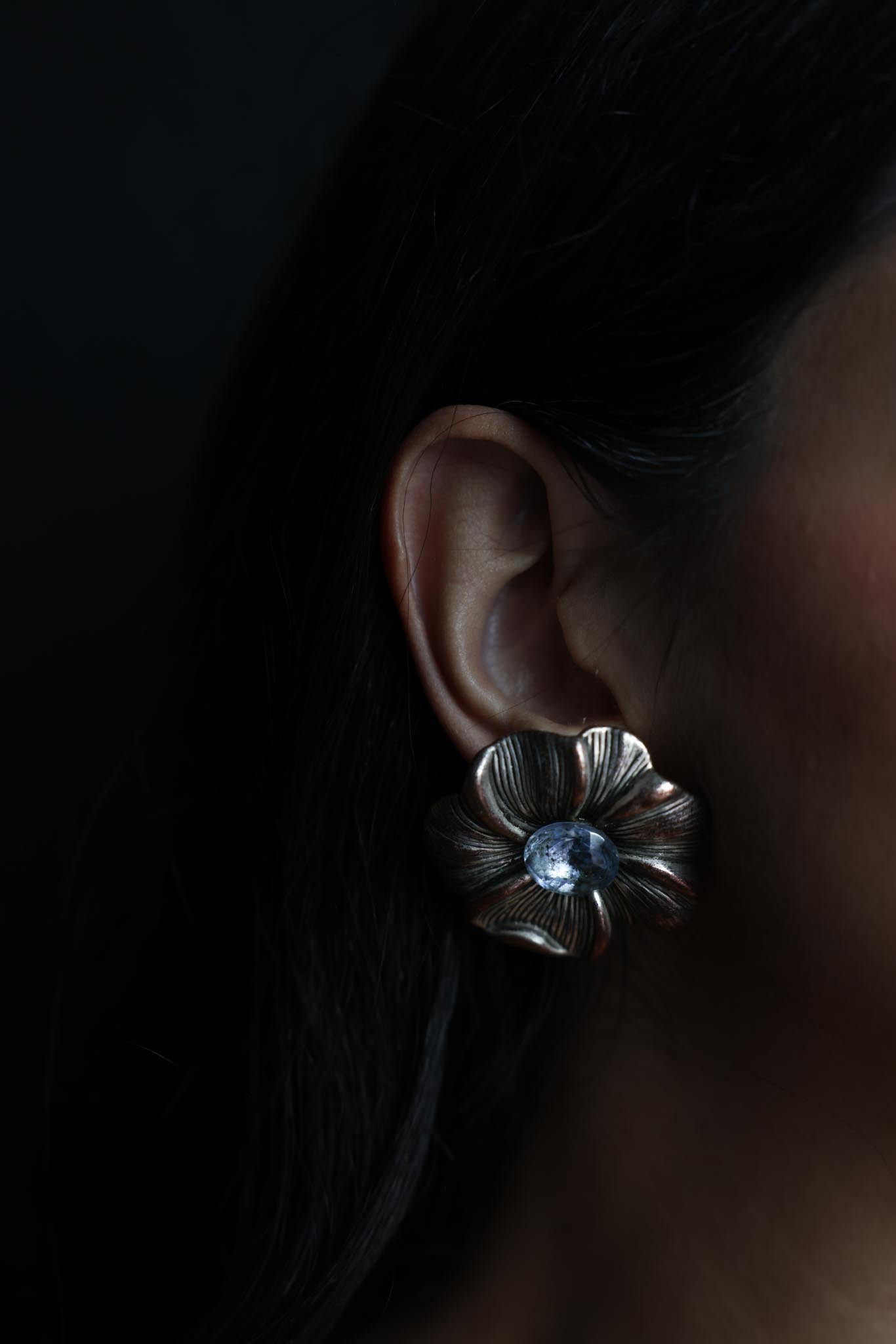 Silver Flower Clip-On Earrings with Blue Cabochon