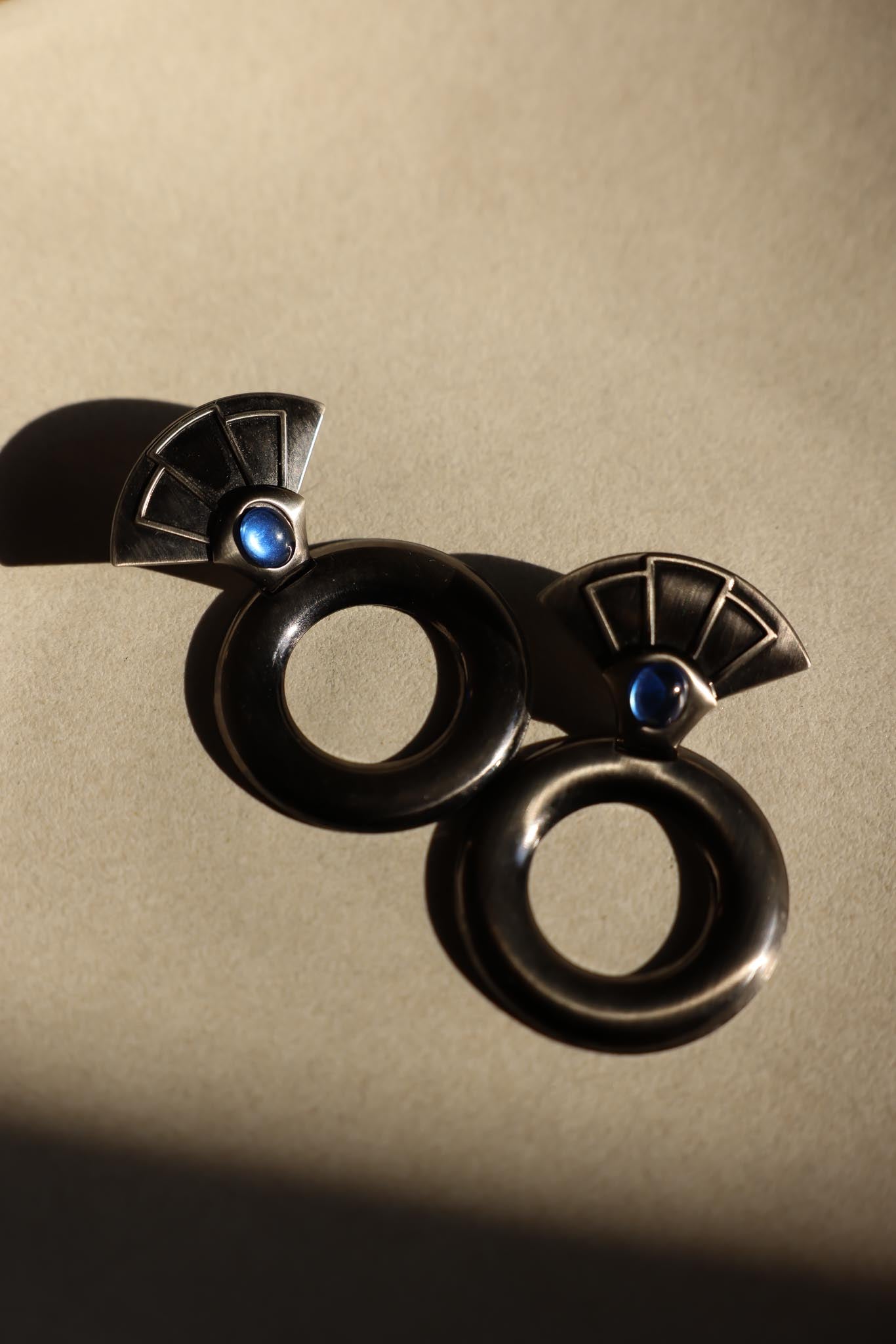 Geometric Silver Drop Earrings with Blue Cabochon