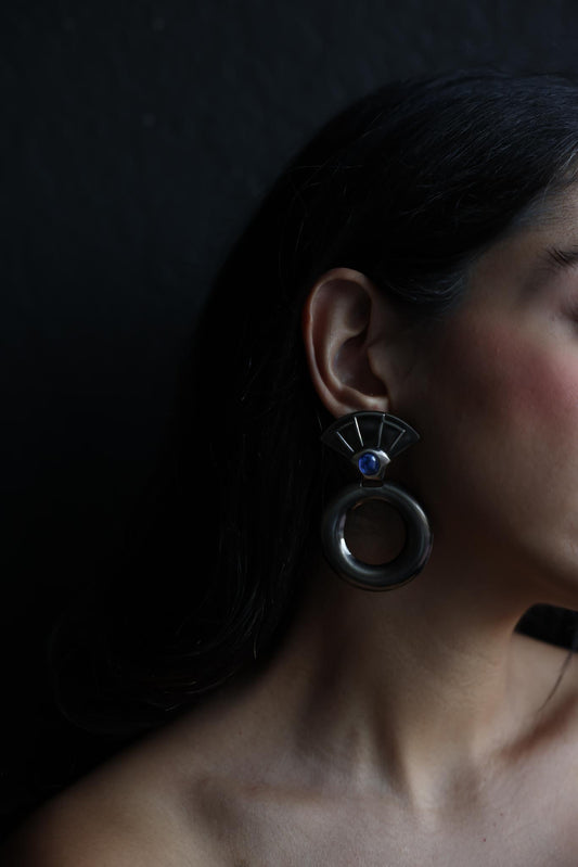 Geometric Silver Drop Earrings with Blue Cabochon