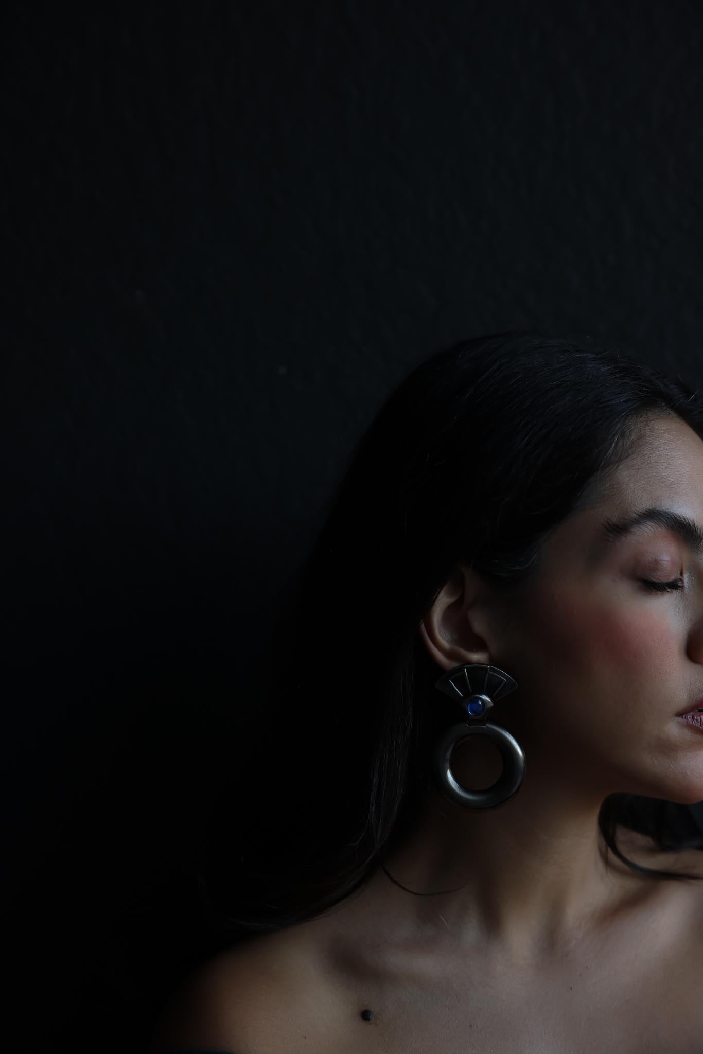 Geometric Silver Drop Earrings with Blue Cabochon