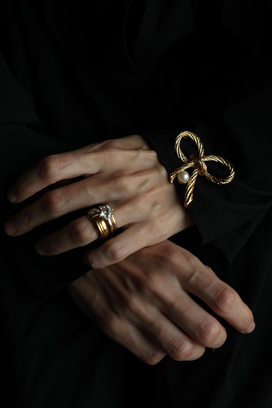 Gold-Tone Bow Brooch with Faux Pearl