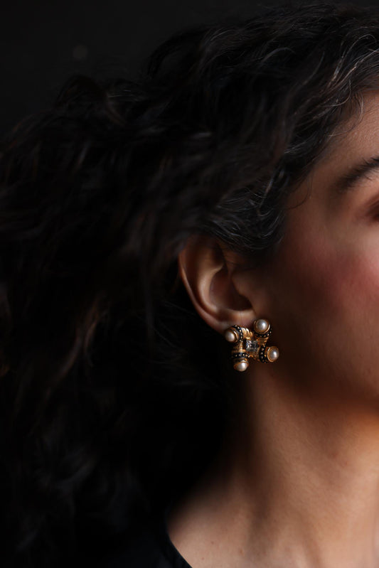 Craft Gold Clip-On Earrings with Faux Pearls and Rhinestone|Vintage Baazaar 