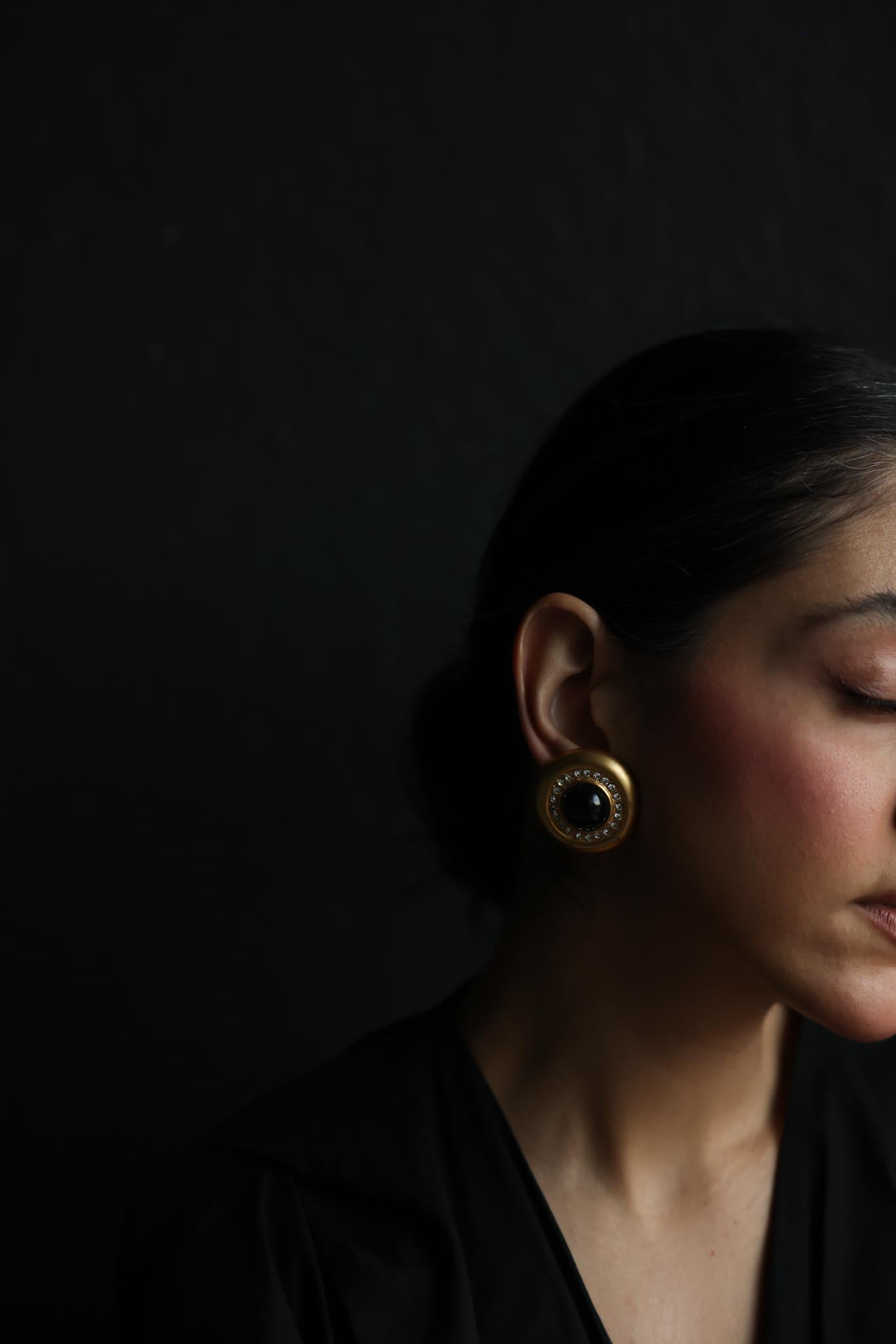 Matte Gold Clip-On Earrings with Black Cabochon