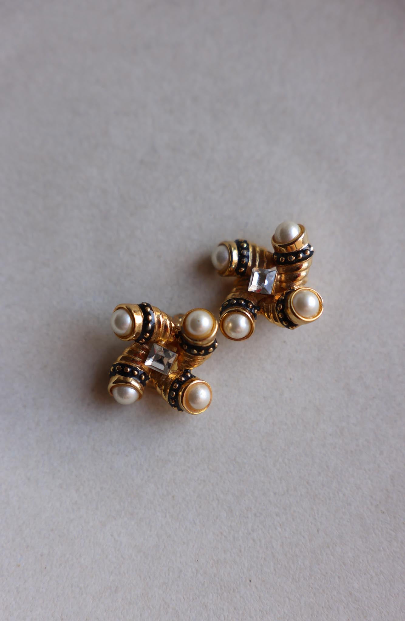 Craft Gold Clip-On Earrings with Faux Pearls and Rhinestone|Vintage Baazaar 