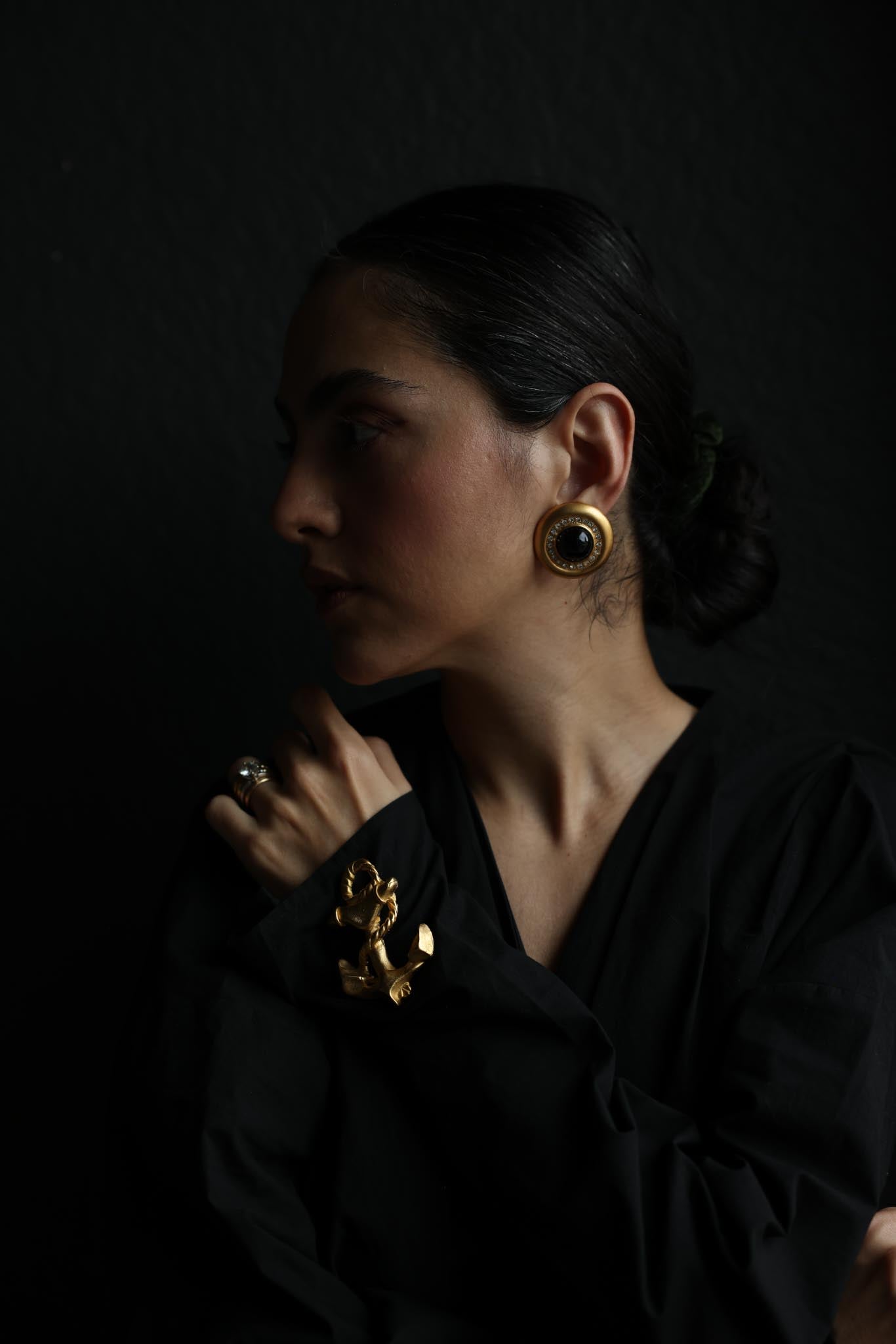 Matte Gold Clip-On Earrings with Black Cabochon