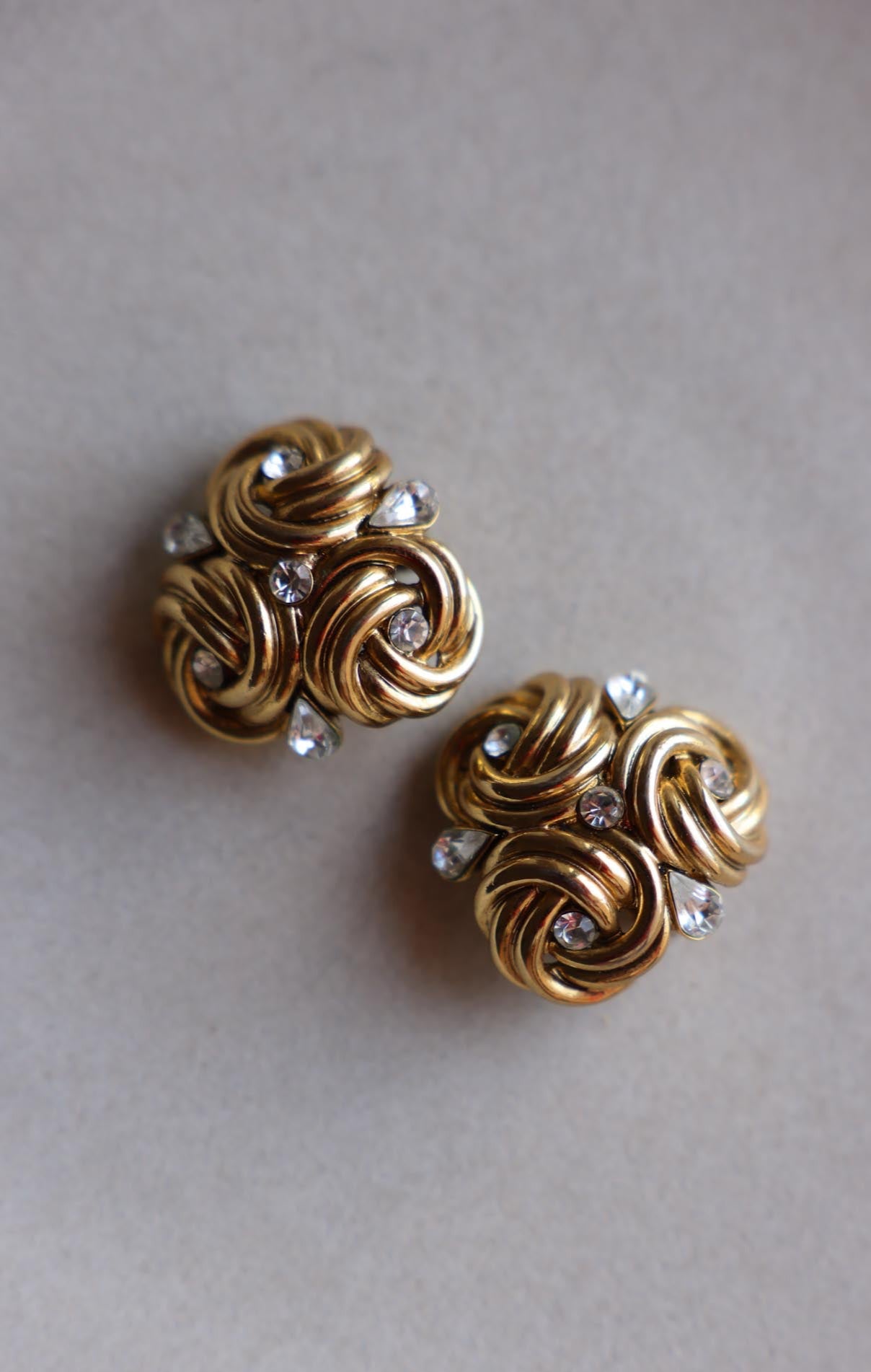 Golden Knot Clip-On Earrings with Rhinestone Accents|Vintage Baazaar 