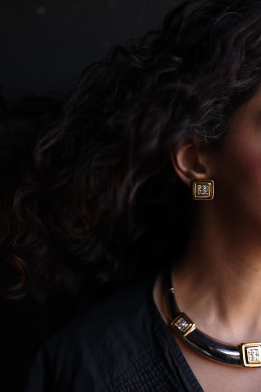 Two-Tone Geometric Necklace and Earrings Set with Rhinestones