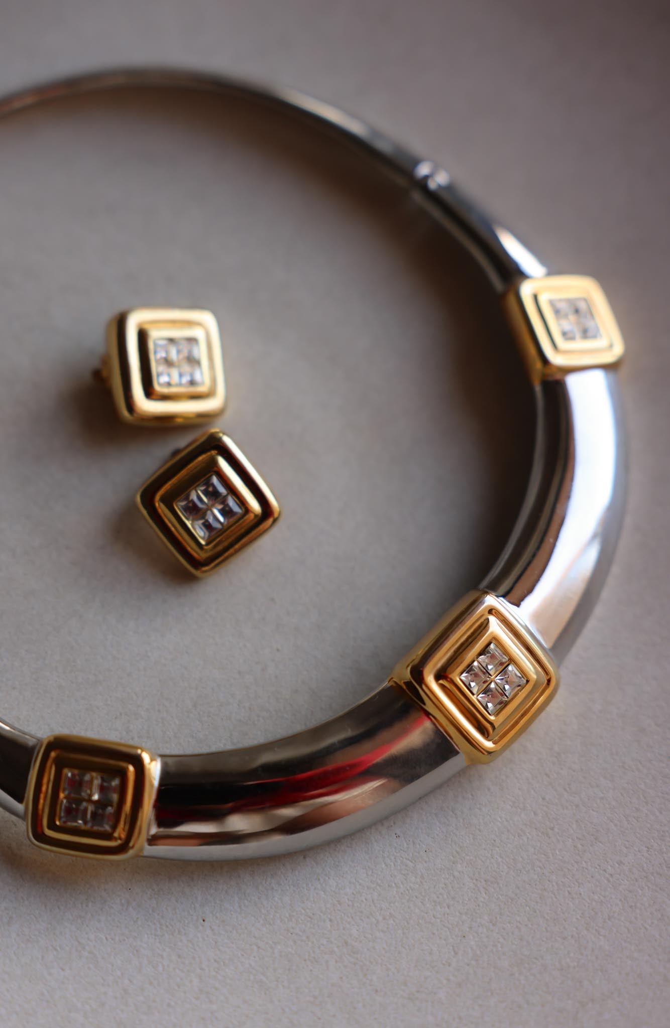 Two-Tone Geometric Necklace and Earrings Set with Rhinestones|Vintage Baazaar 