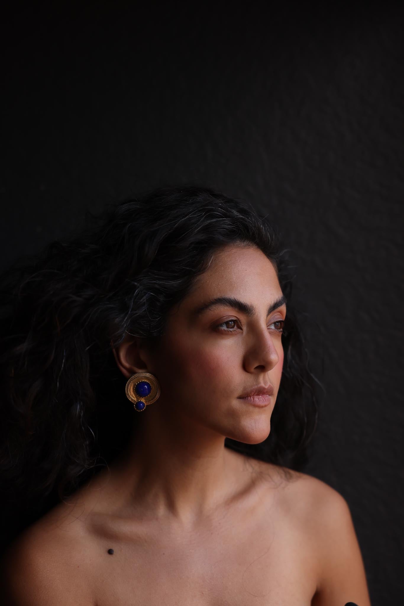 Les Bernard Gold-Toned Clip-On Earrings with Blue Cabochons|Vintage Baazaar 