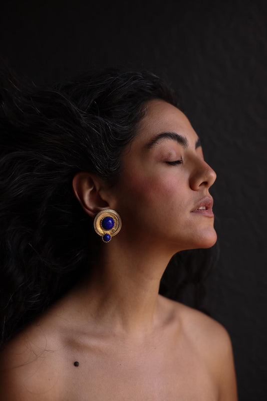 Les Bernard Gold-Toned Clip-On Earrings with Blue Cabochons|Vintage Baazaar 