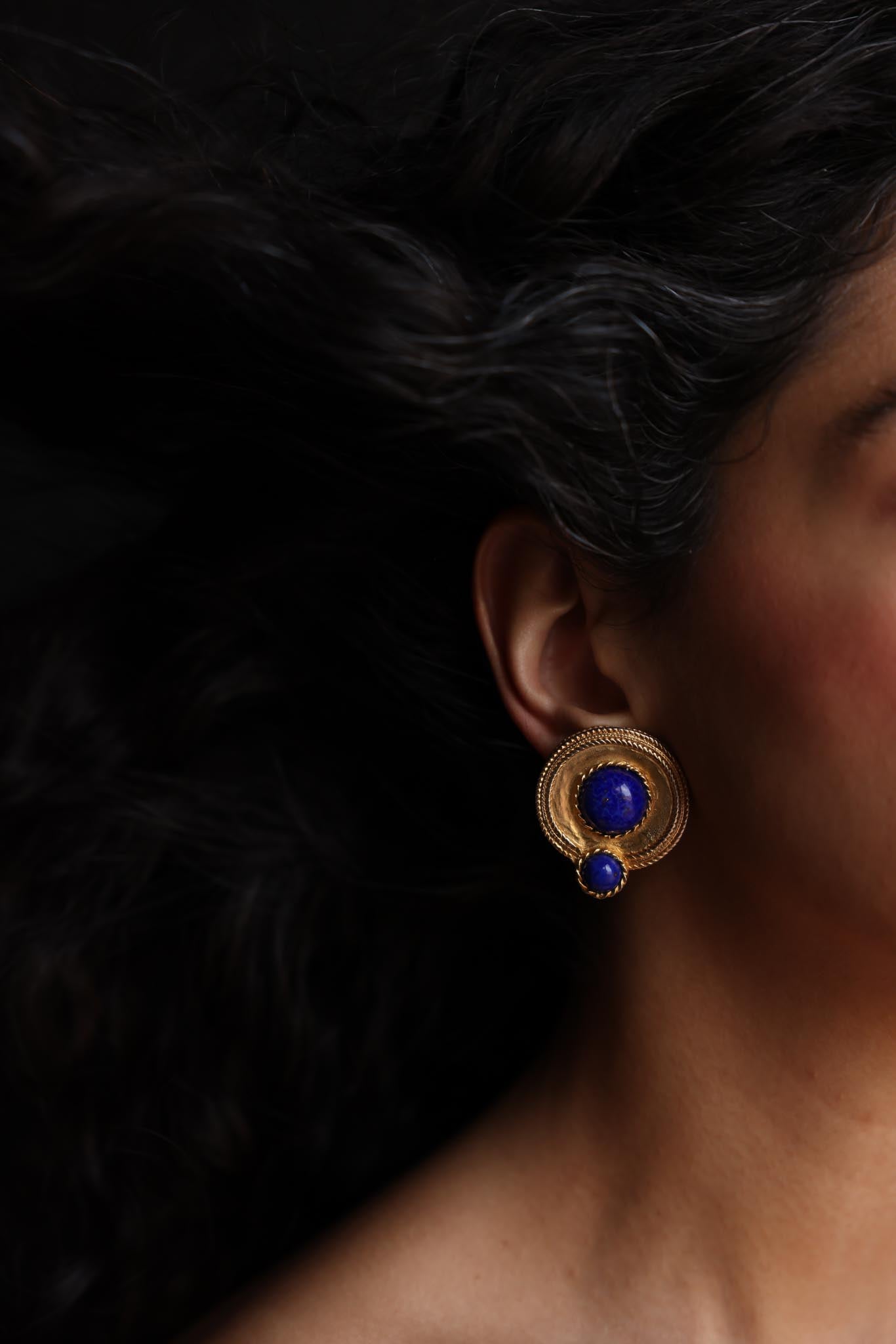 Les Bernard Gold-Toned Clip-On Earrings with Blue Cabochons|Vintage Baazaar 