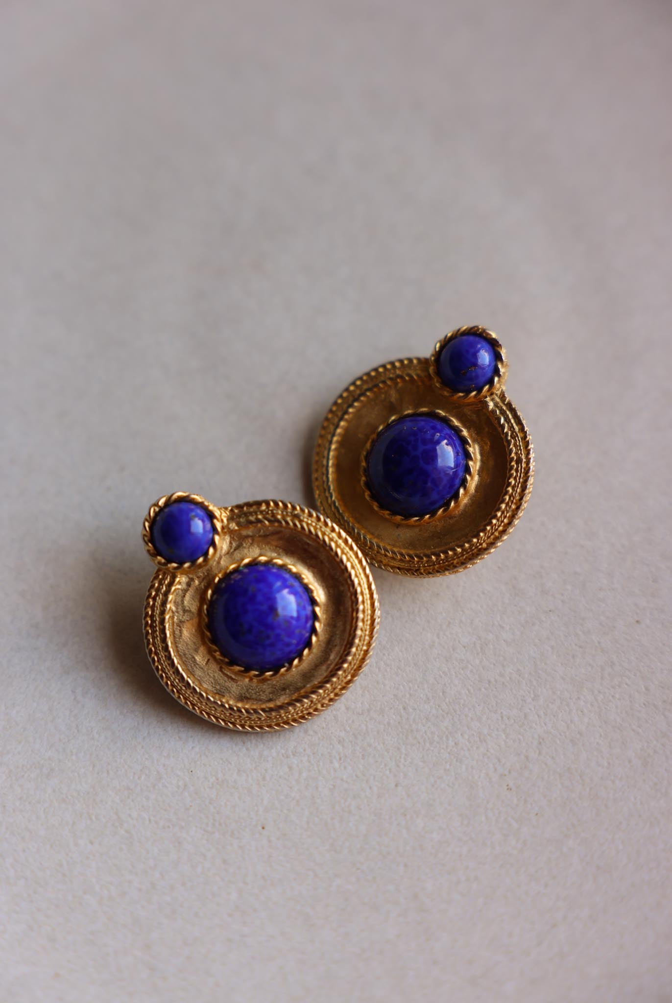 Les Bernard Gold-Toned Clip-On Earrings with Blue Cabochons|Vintage Baazaar 