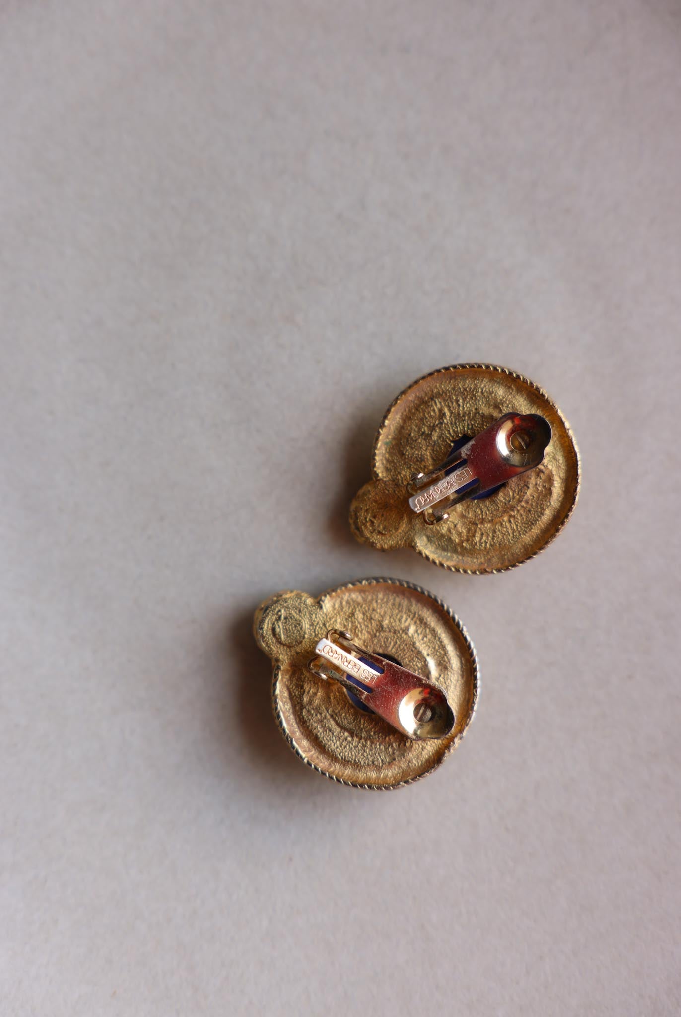Les Bernard Gold-Toned Clip-On Earrings with Blue Cabochons|Vintage Baazaar 