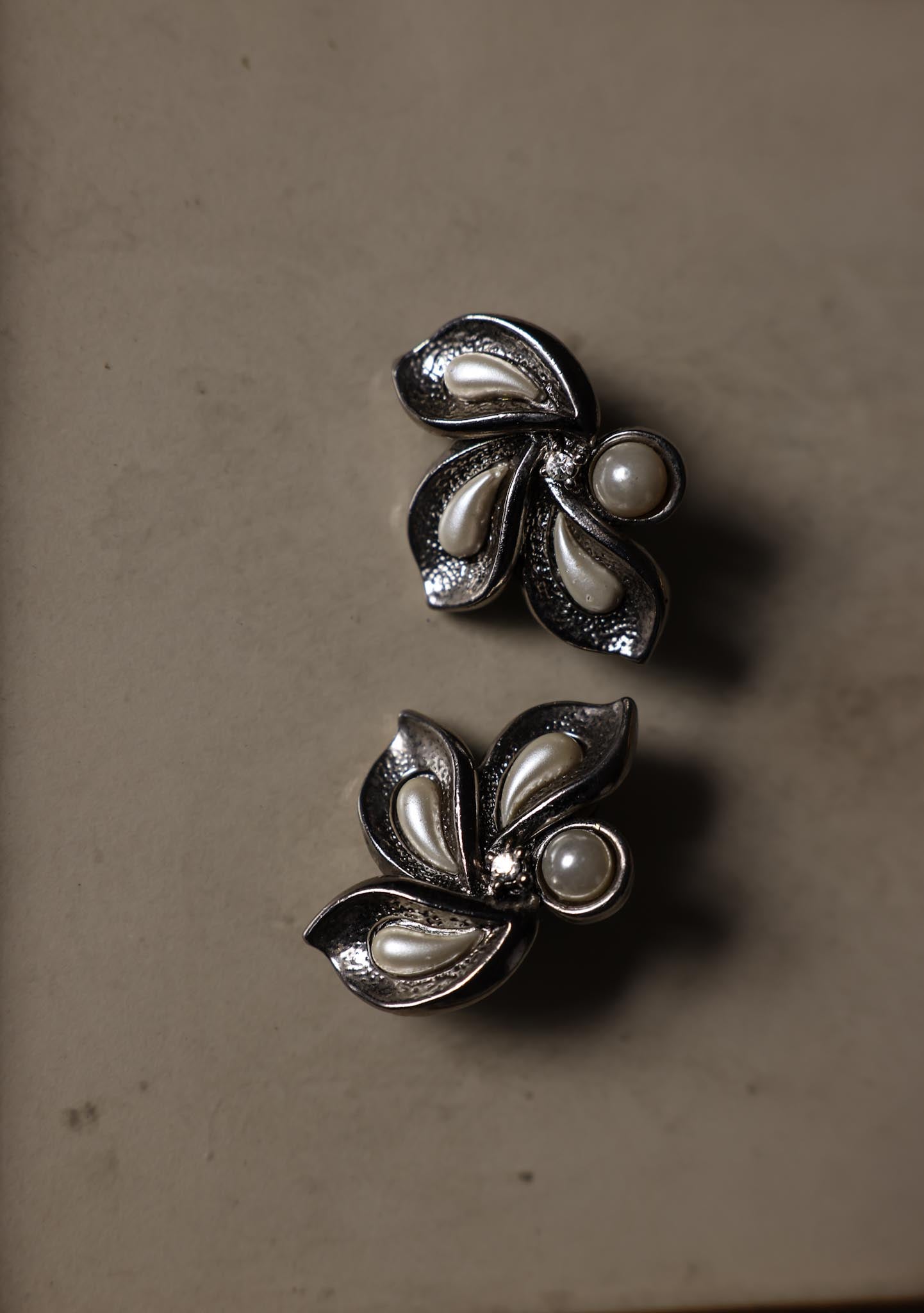 Silver Floral Clip-On Earrings with Pearls|Vintage Baazaar 