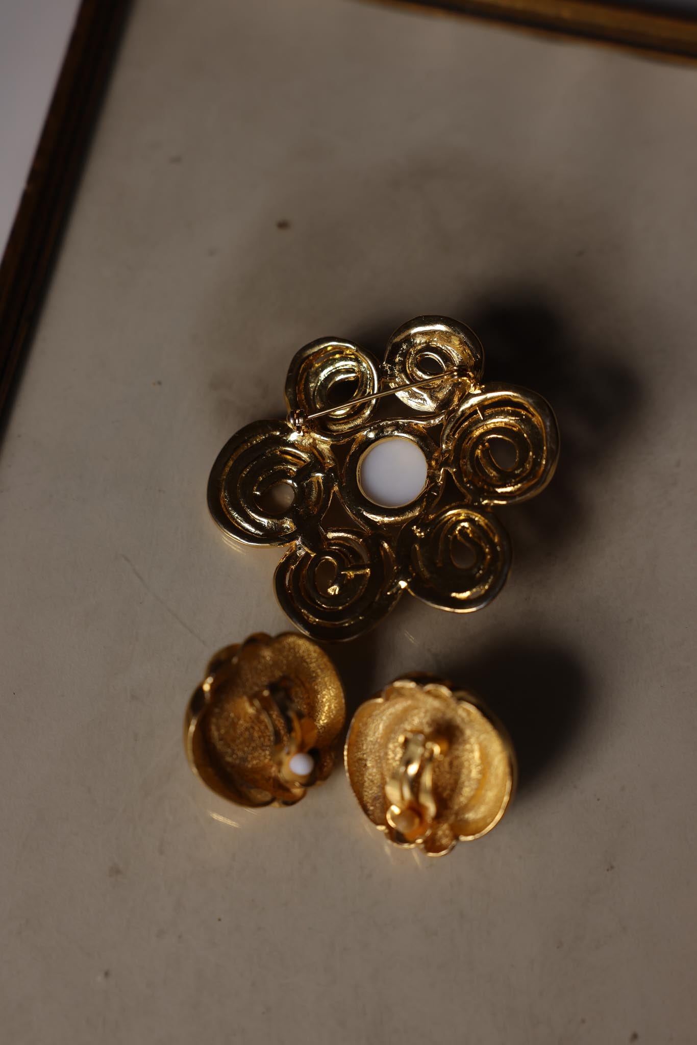 Golden Swirl Set - Faux Pearl Earrings & Brooch|Vintage Baazaar 