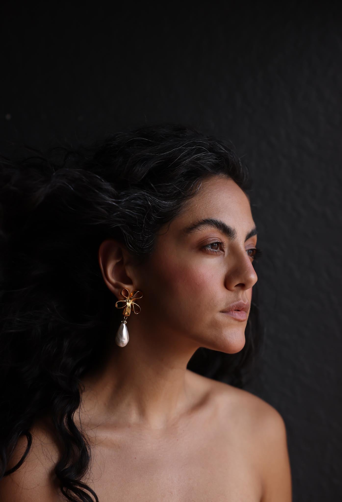 Floral Bow Clip-On Earrings with Faux Pearl Drops|Vintage Baazaar 