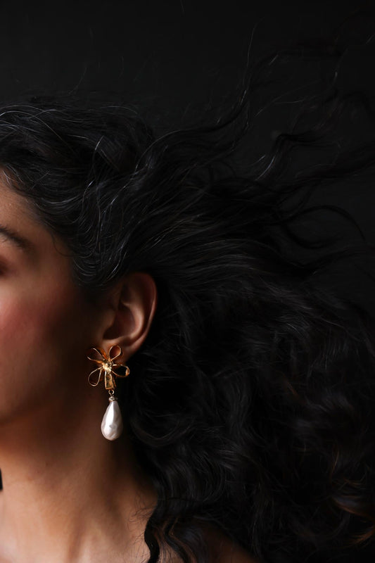 Floral Bow Clip-On Earrings with Faux Pearl Drops|Vintage Baazaar 