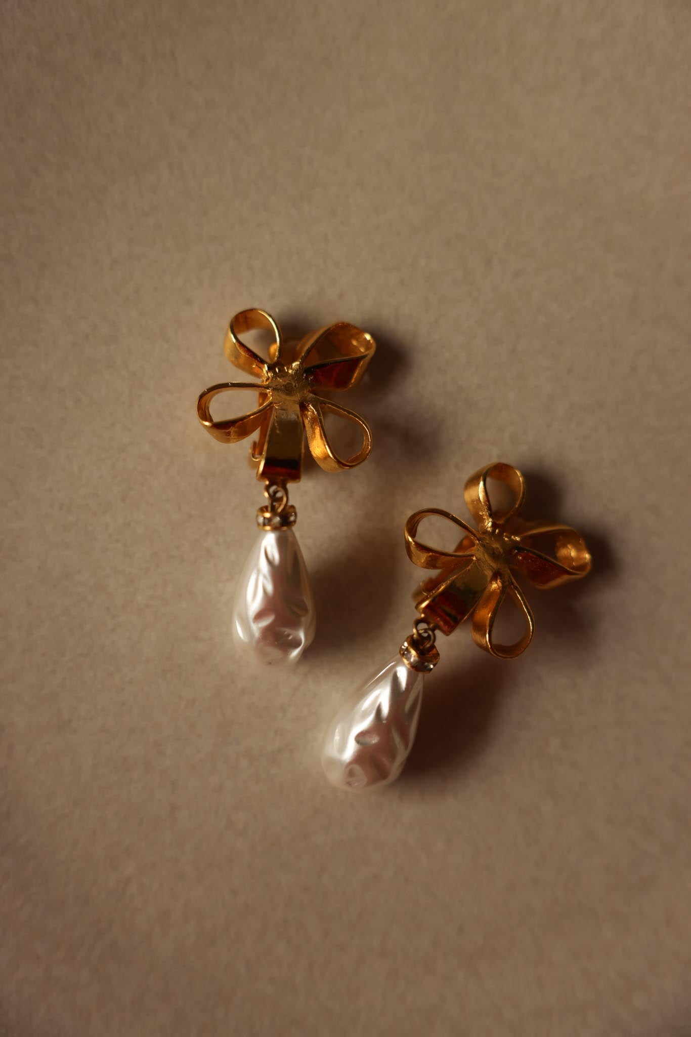 Floral Bow Clip-On Earrings with Faux Pearl Drops|Vintage Baazaar 