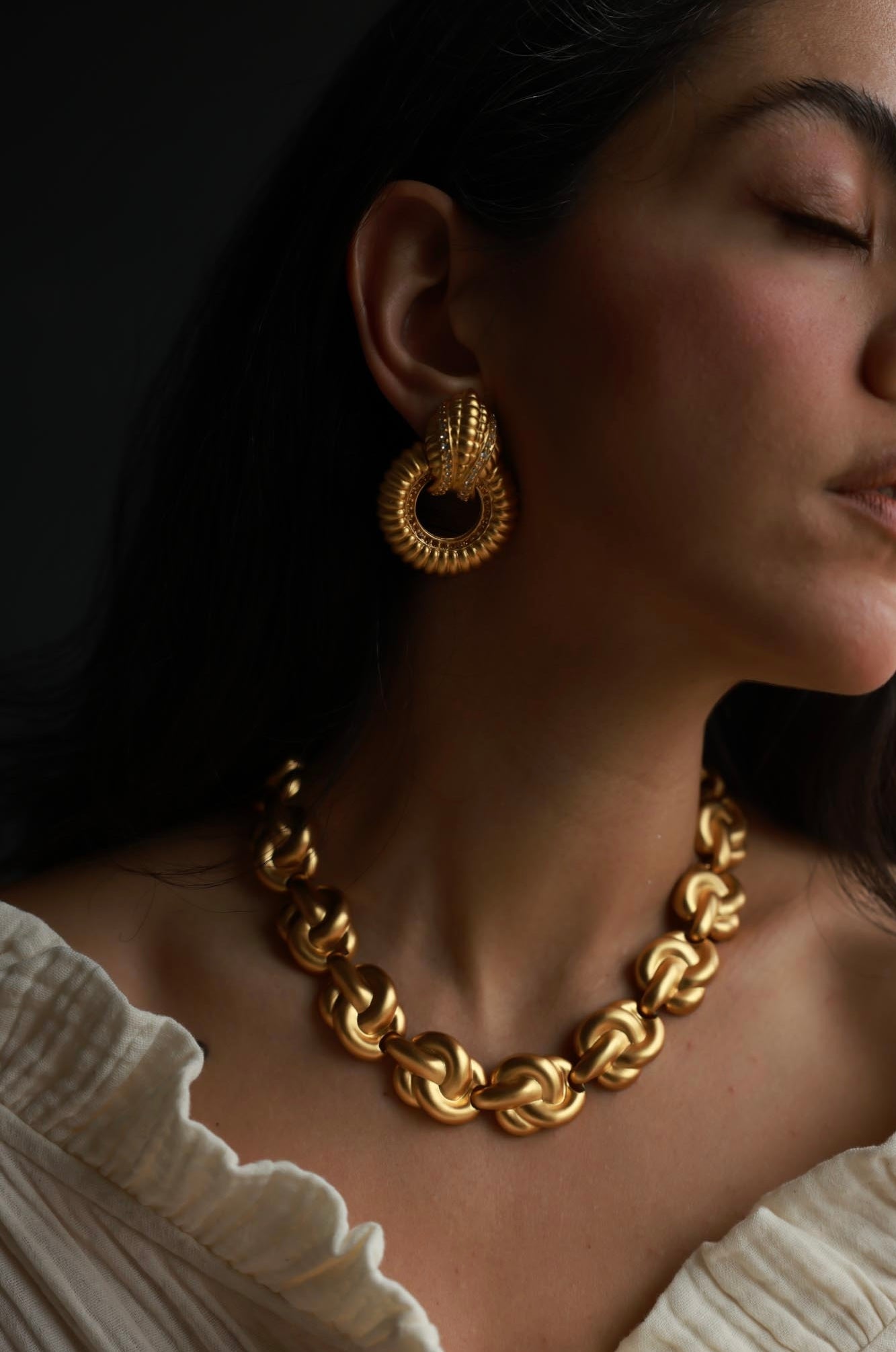 Matte Gold Rhinestone Door Knocker Clip-On Earrings