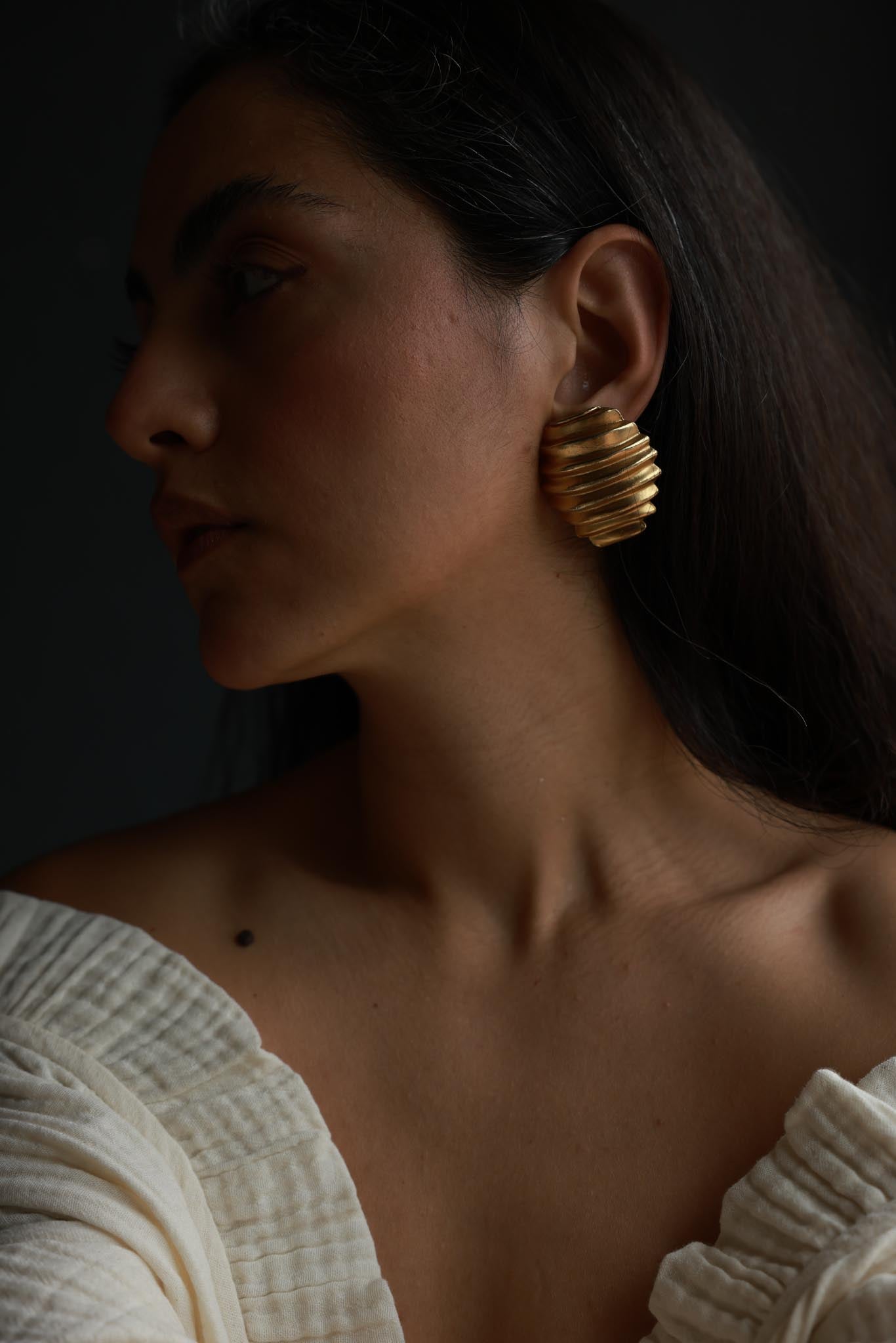 Oversized Ribbed Matte Gold Clip-On Earrings