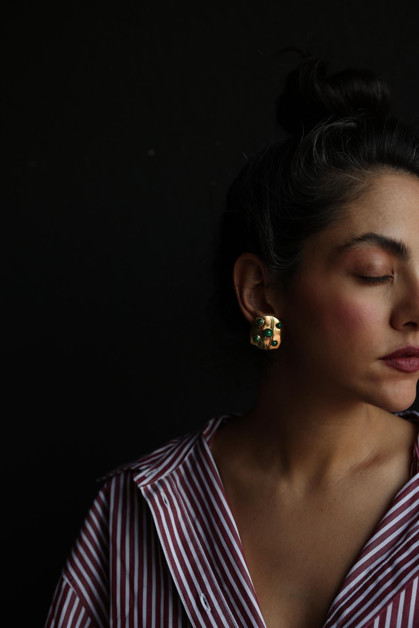 Gold-Tone Green Cabochon Clip-On Earrings