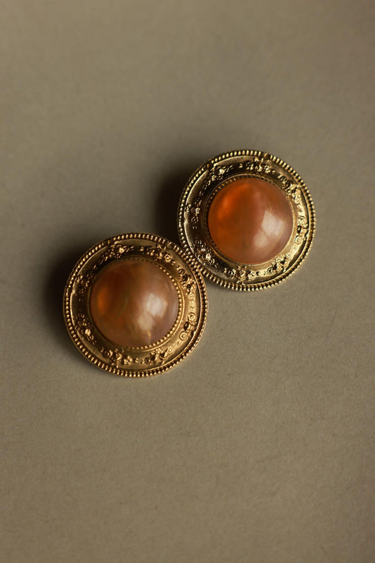 Round Gold-Tone Apricot Cabochon Clip-On Earrings|Vintage Baazaar 